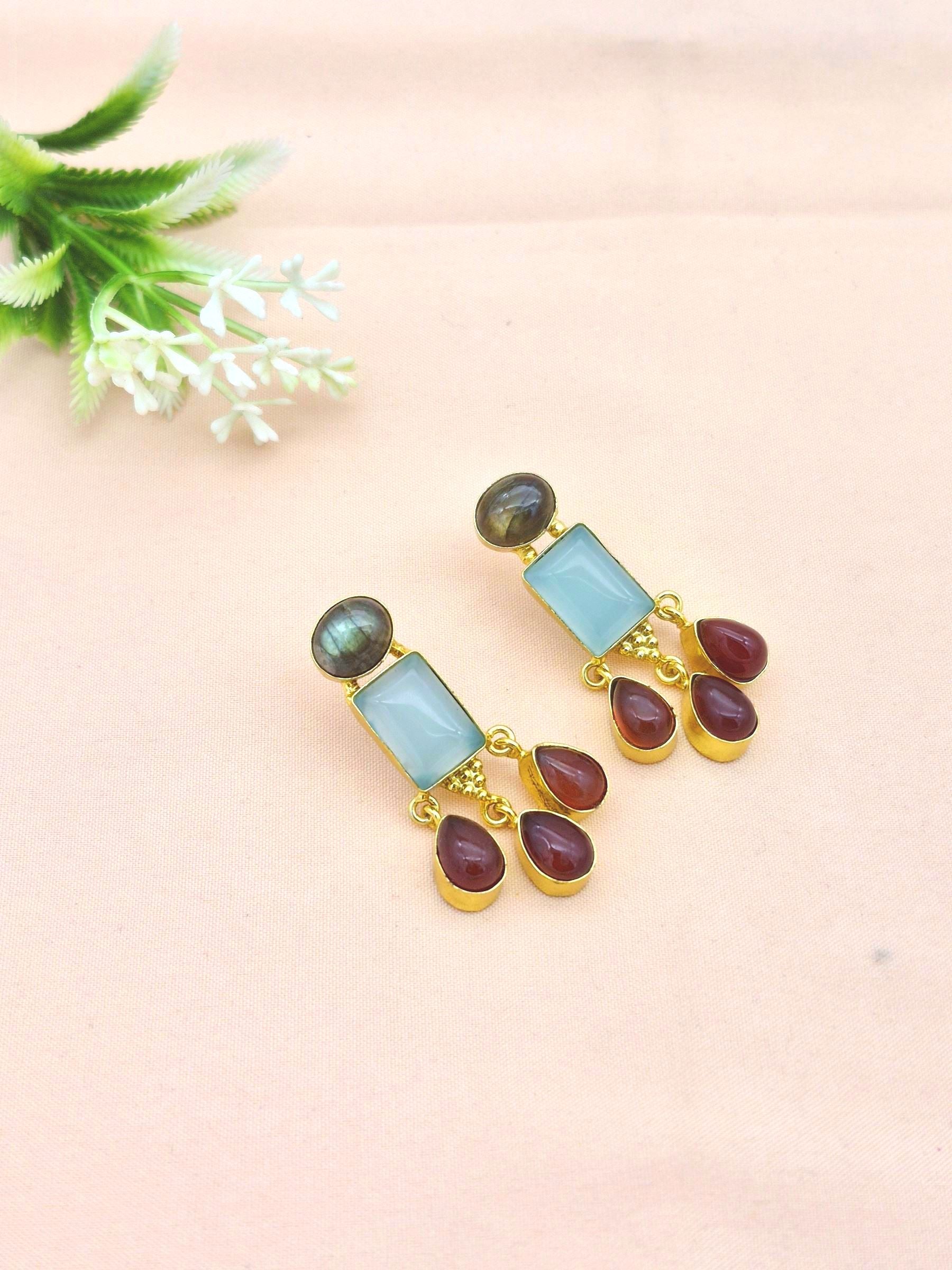 Charming Gold Plated Dangle Earrings –  Semi Precious Stone Light weight Jewelry