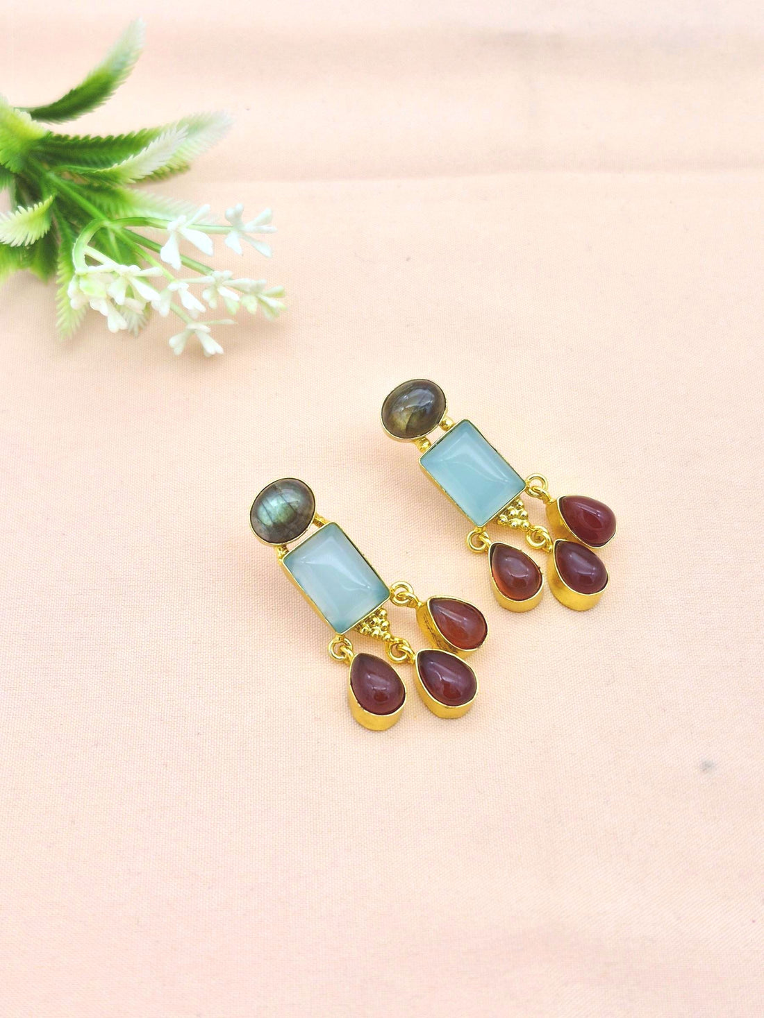 Charming Gold Plated Dangle Earrings –  Semi Precious Stone Light weight Jewelry