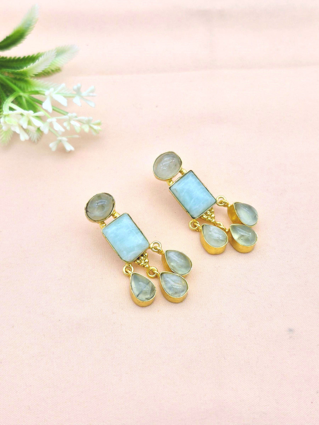 Charming Gold Plated Dangle Earrings –  Semi Precious Stone Light weight Jewelry