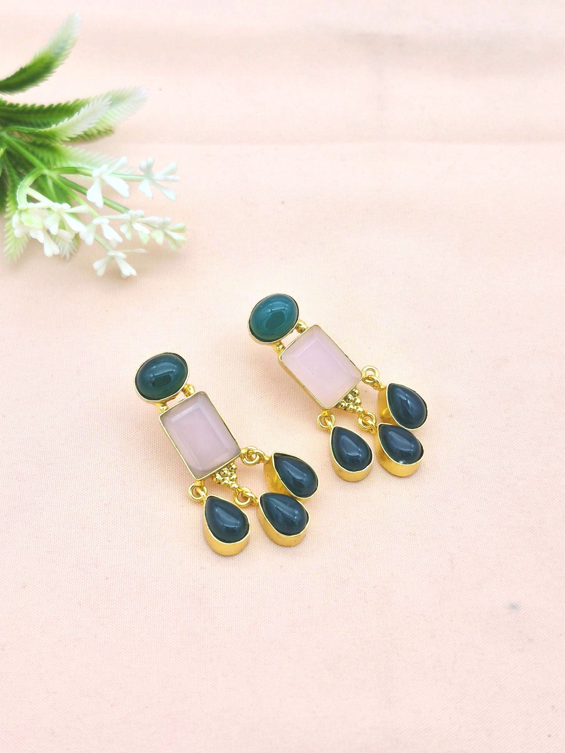 Charming Gold Plated Dangle Earrings –  Semi Precious Stone Light weight Jewelry