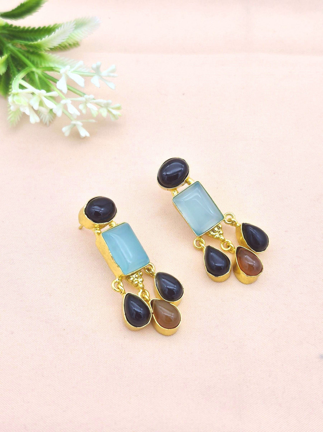 Charming Gold Plated Dangle Earrings –  Semi Precious Stone Light weight Jewelry