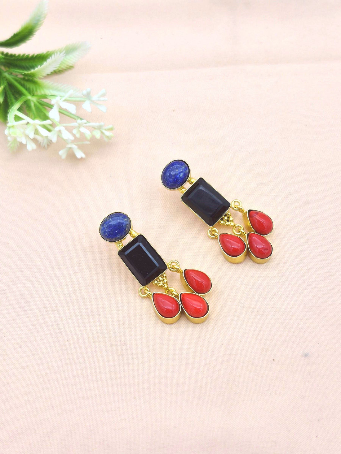 Charming Gold Plated Dangle Earrings –  Semi Precious Stone Light weight Jewelry