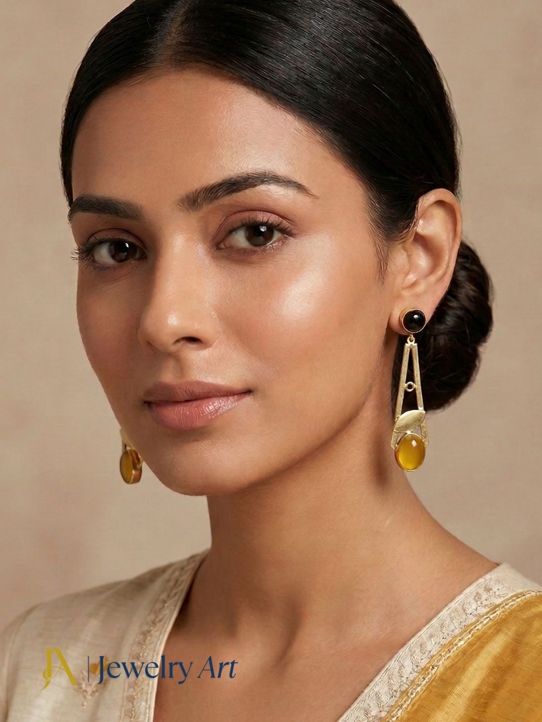 Handcrafted Gold Plated Dangle Earrings – Yellow Chalcedony -Black Onyx Semi Precious Stone Light weight Jewelry
