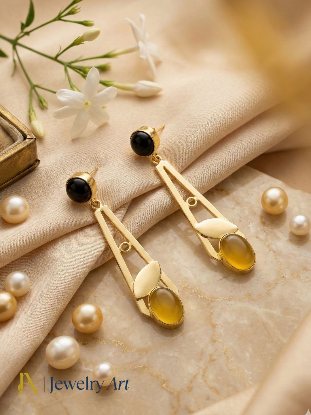 Handcrafted Gold Plated Dangle Earrings – Yellow Chalcedony -Black Onyx Semi Precious Stone Light weight Jewelry