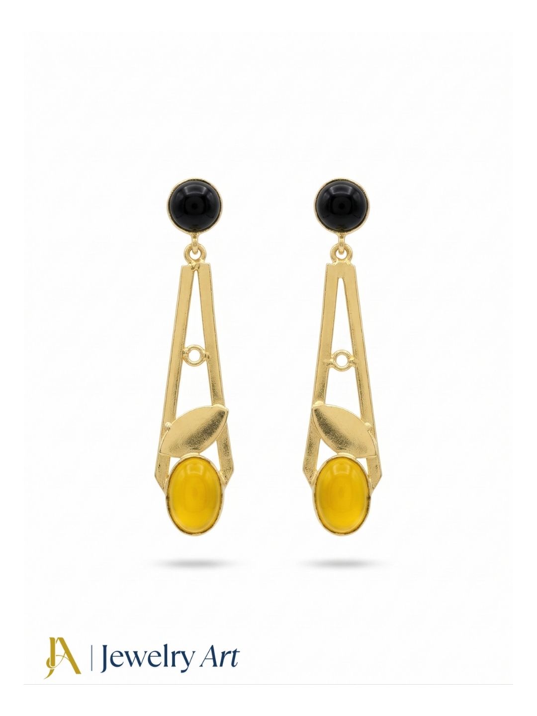 Handcrafted gold plated dangle earrings with yellow chalcedony and black onyx semi precious stones, light weight elegant jewelry for women
