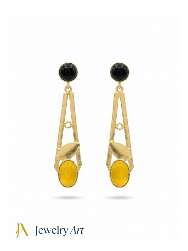 Handcrafted gold plated dangle earrings with yellow chalcedony and black onyx semi precious stones, light weight elegant jewelry for women
