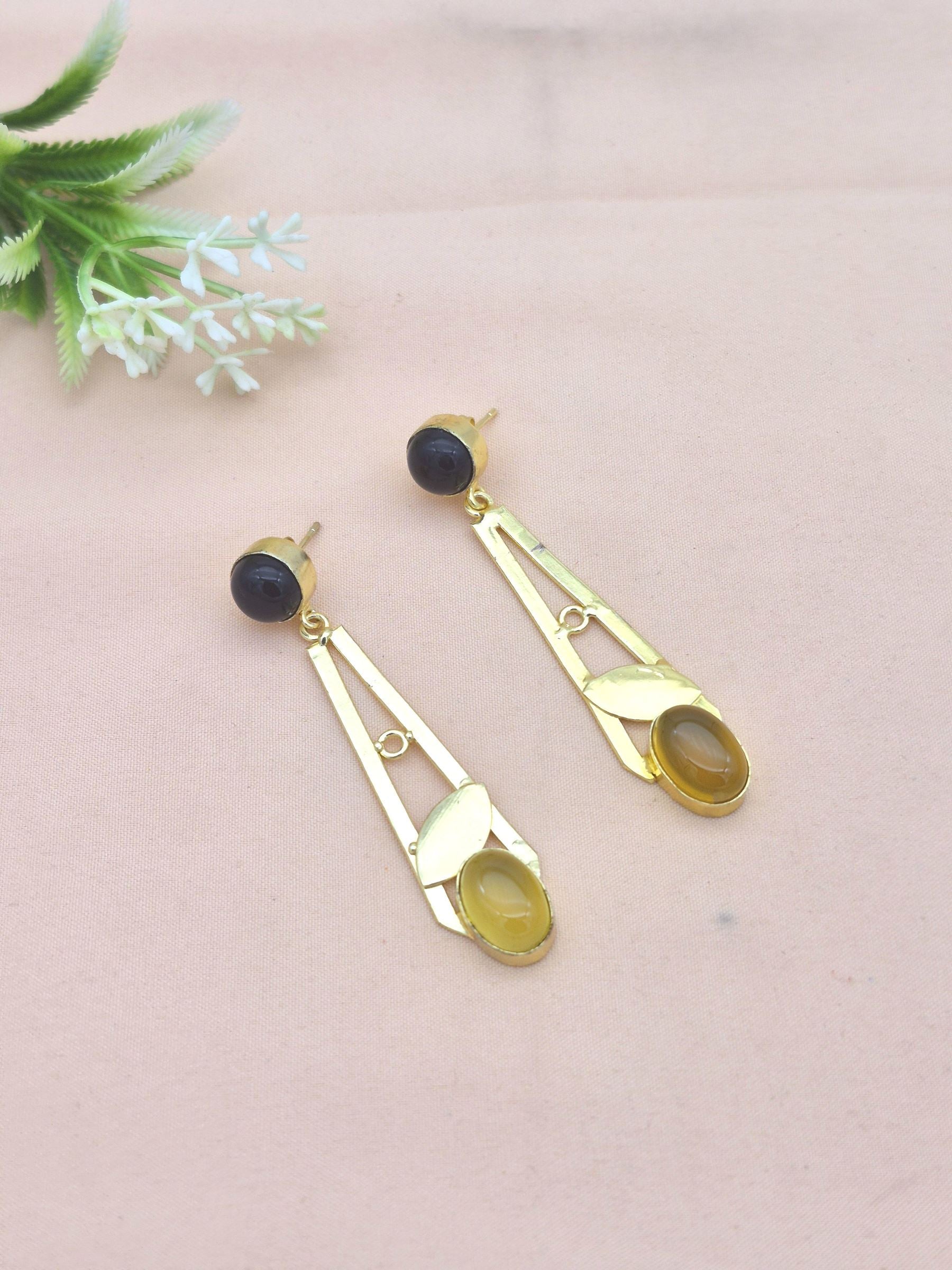 Handcrafted Gold Plated Dangle Earrings – Yellow Chalcedony -Black Onyx Semi Precious Stone Light weight Jewelry