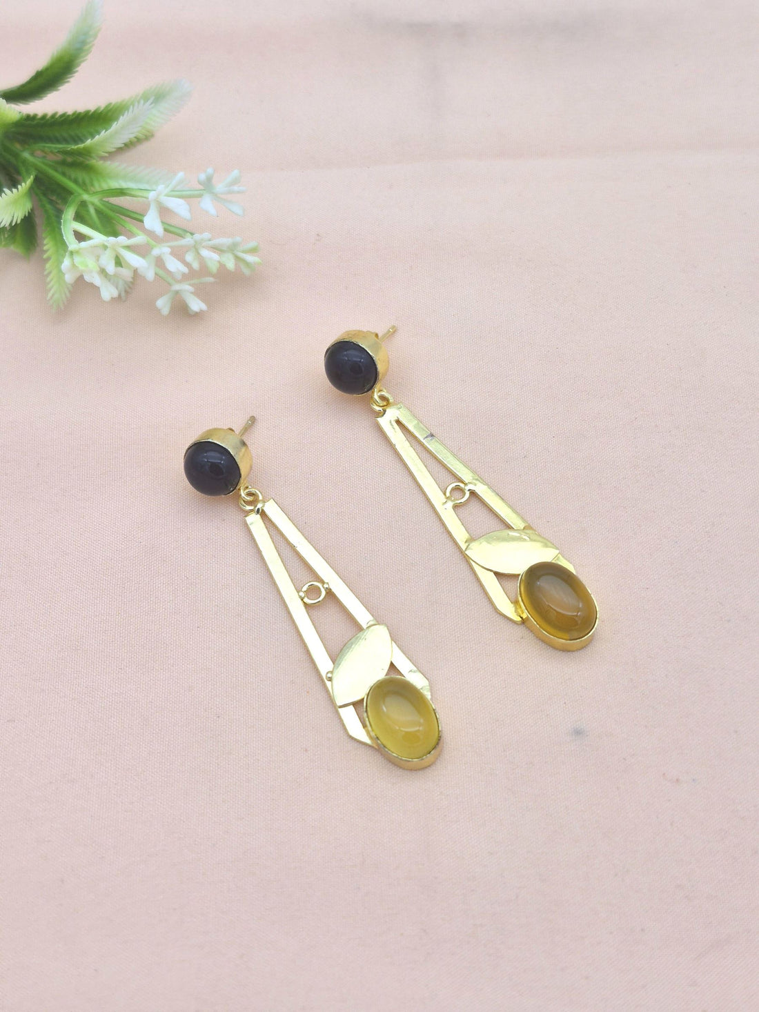 Handcrafted Gold Plated Dangle Earrings – Yellow Chalcedony -Black Onyx Semi Precious Stone Light weight Jewelry