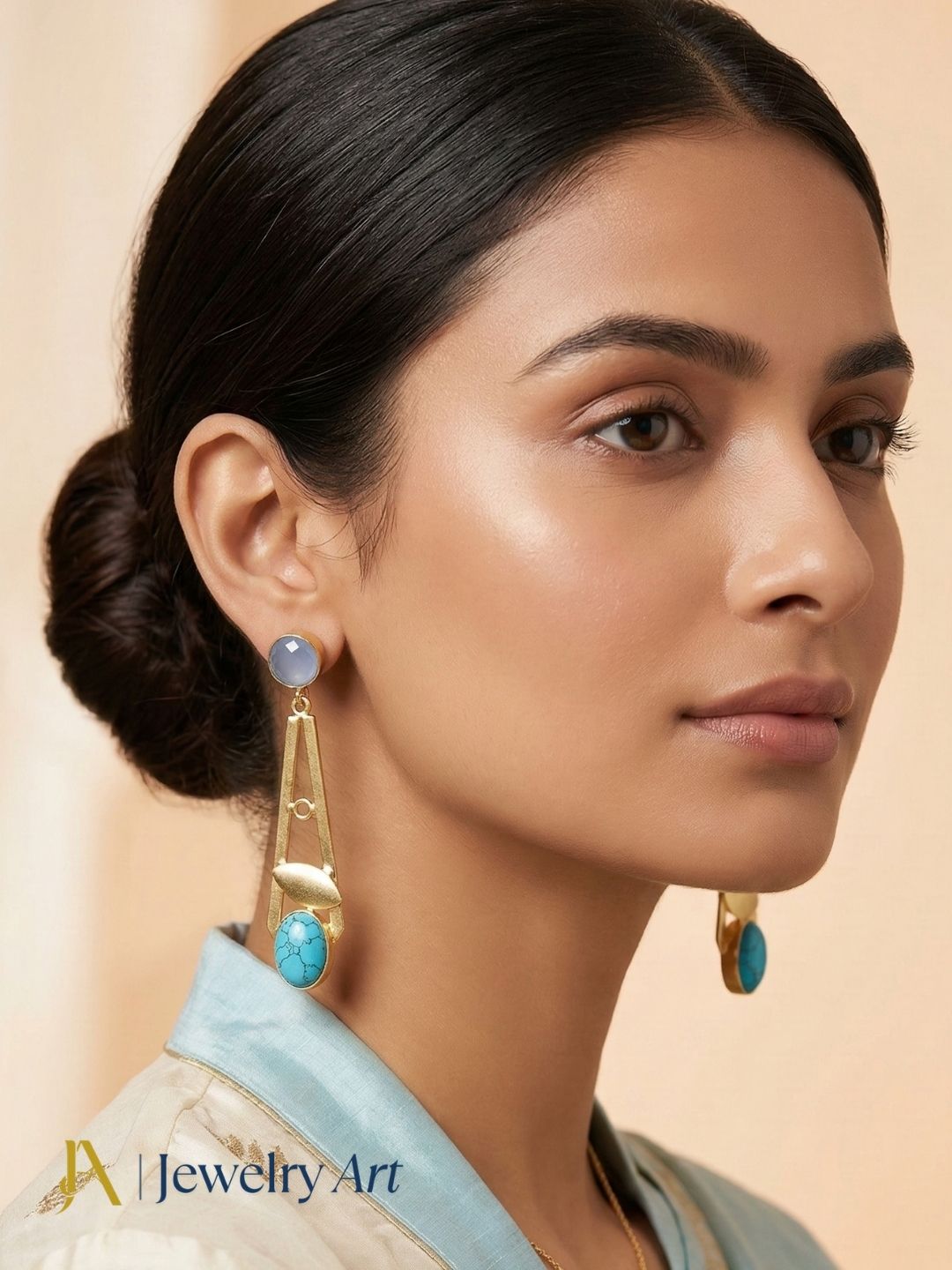 Trendy handmade blue chalcedony and turquoise dangle earrings, gold plated light weight jewelry for women
