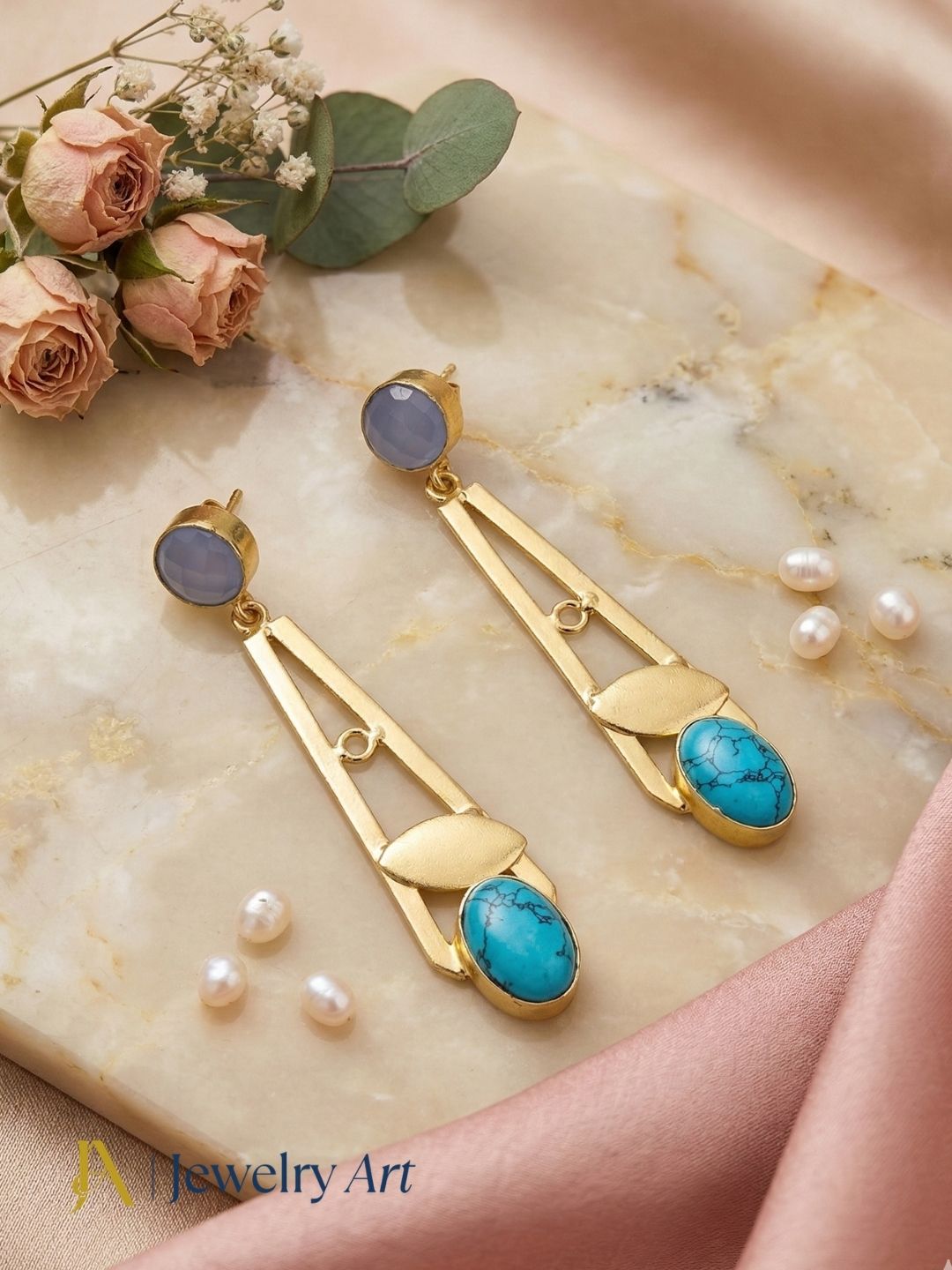 Handcrafted Gold Plated Dangle Earrings –Blue Chalcedony-Turquoise Semi Precious Stone Light weight Jewelry