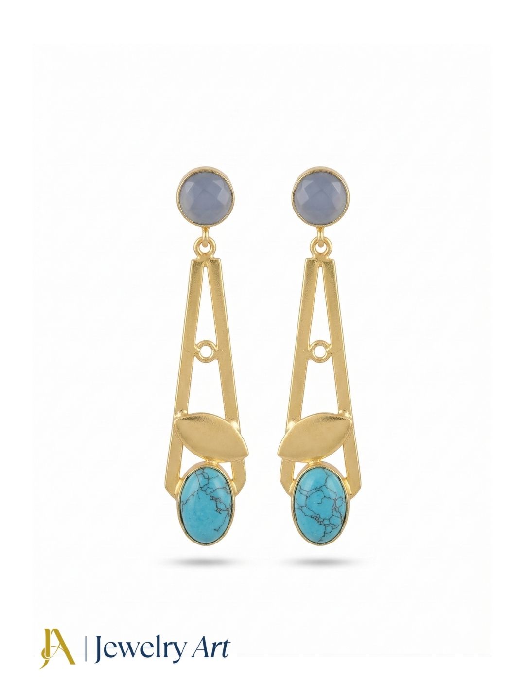 Handcrafted Gold Plated Dangle Earrings –Blue Chalcedony-Turquoise Semi Precious Stone Light weight Jewelry