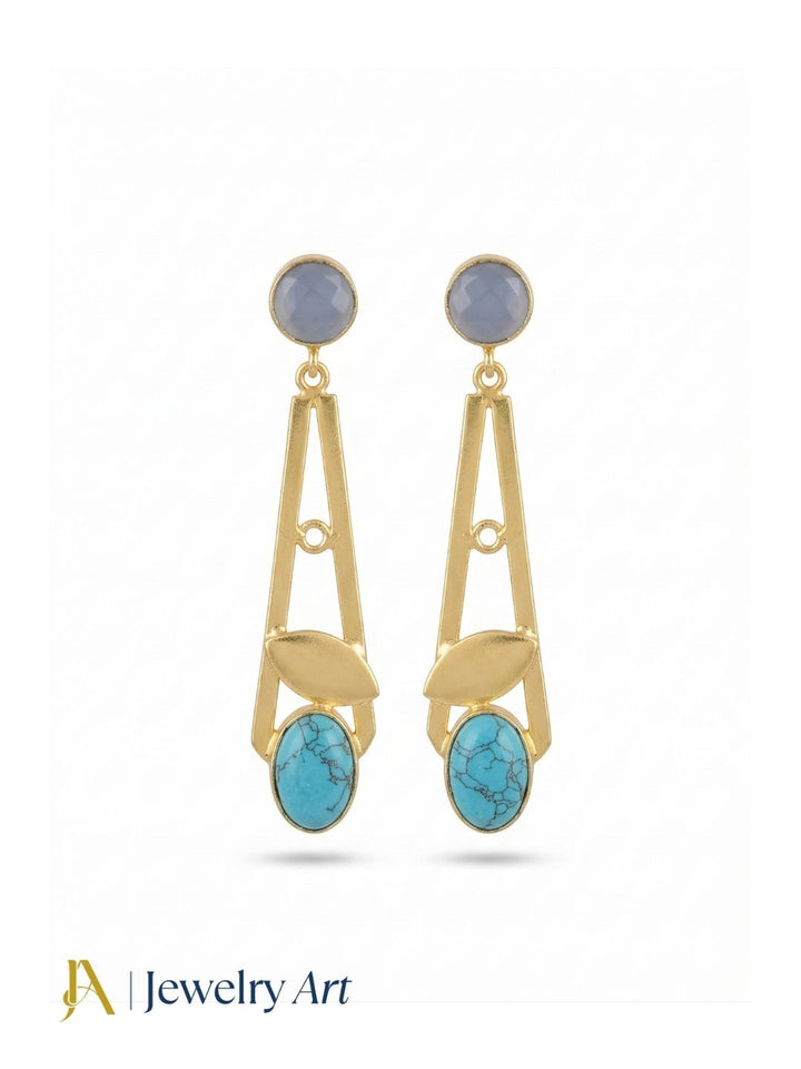Handcrafted Gold Plated Dangle Earrings –Blue Chalcedony-Turquoise Semi Precious Stone Light weight Jewelry