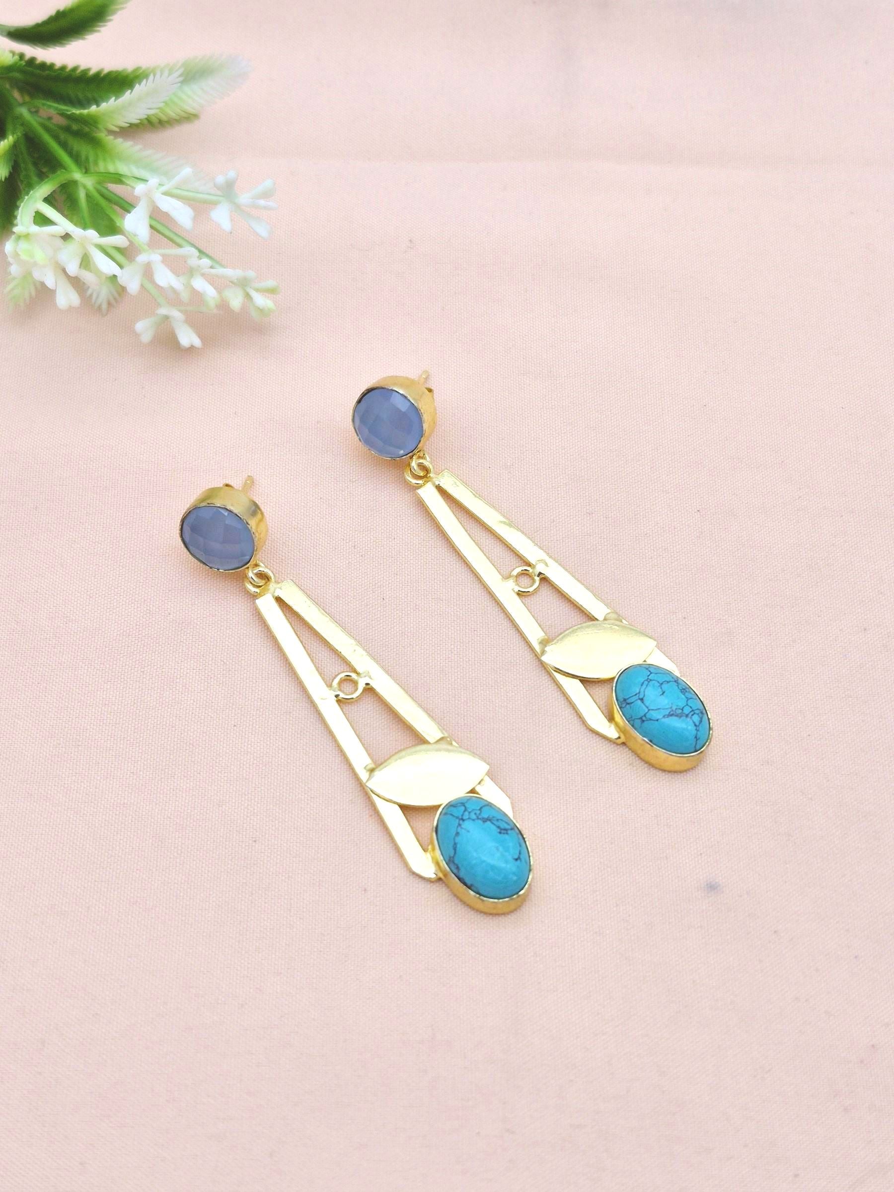 Handcrafted Gold Plated Dangle Earrings –Blue Chalcedony-Turquoise Semi Precious Stone Light weight Jewelry