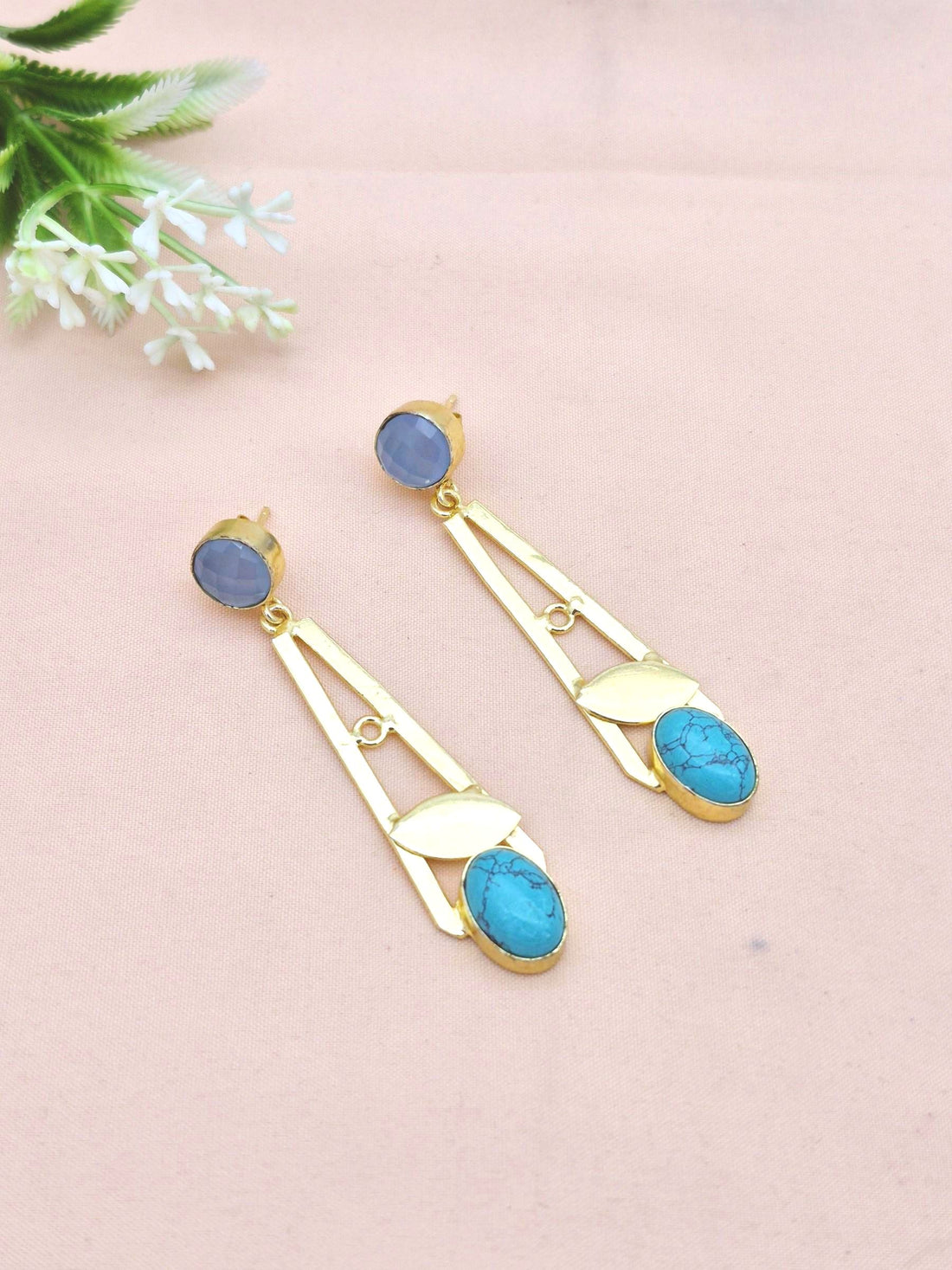 Handcrafted Gold Plated Dangle Earrings –Blue Chalcedony-Turquoise Semi Precious Stone Light weight Jewelry