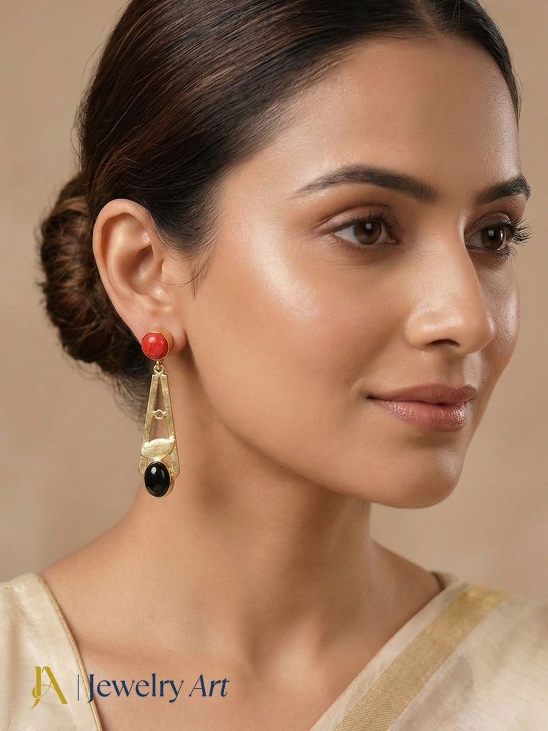 Trendy handmade coral and black onyx dangle earrings, gold plated light weight jewelry for women
