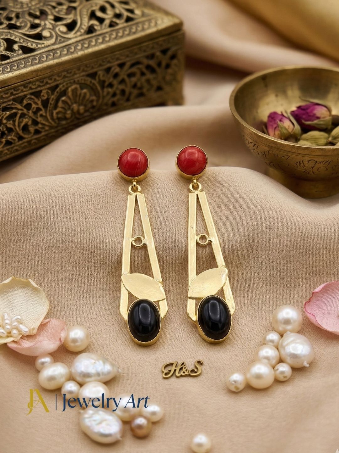 Handcrafted Gold Plated Dangle Earrings – Coral-Black Onyx Semi Precious Stone Light weight Jewelry