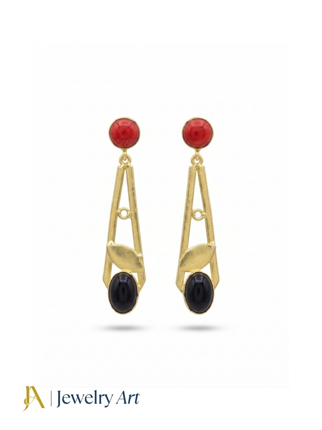 Handcrafted Gold Plated Dangle Earrings – Coral-Black Onyx Semi Precious Stone Light weight Jewelry