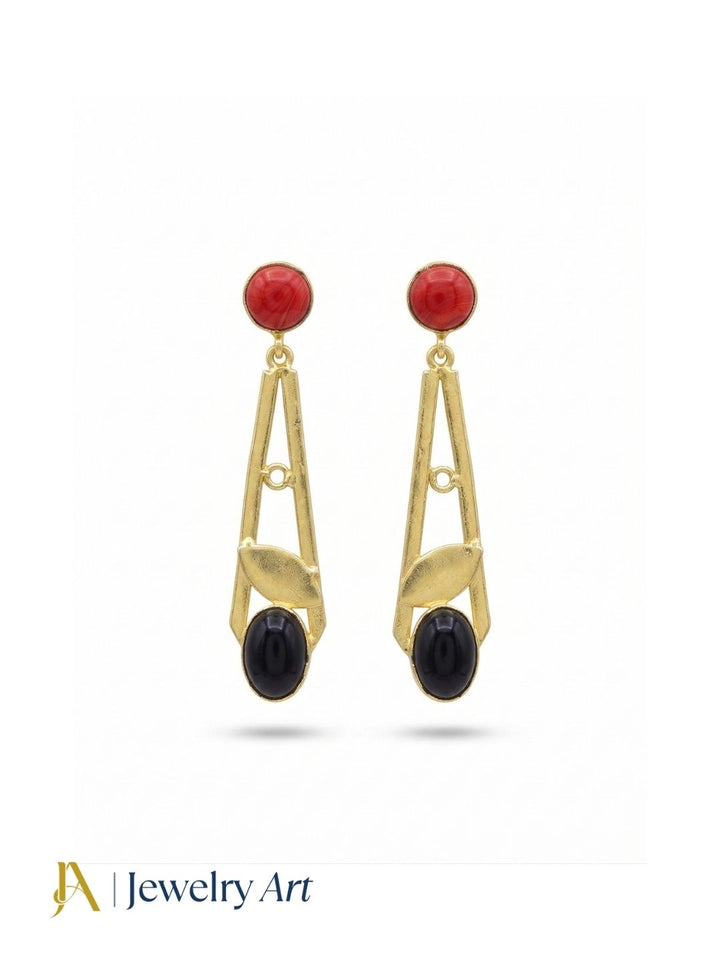 Handcrafted Gold Plated Dangle Earrings – Coral-Black Onyx Semi Precious Stone Light weight Jewelry
