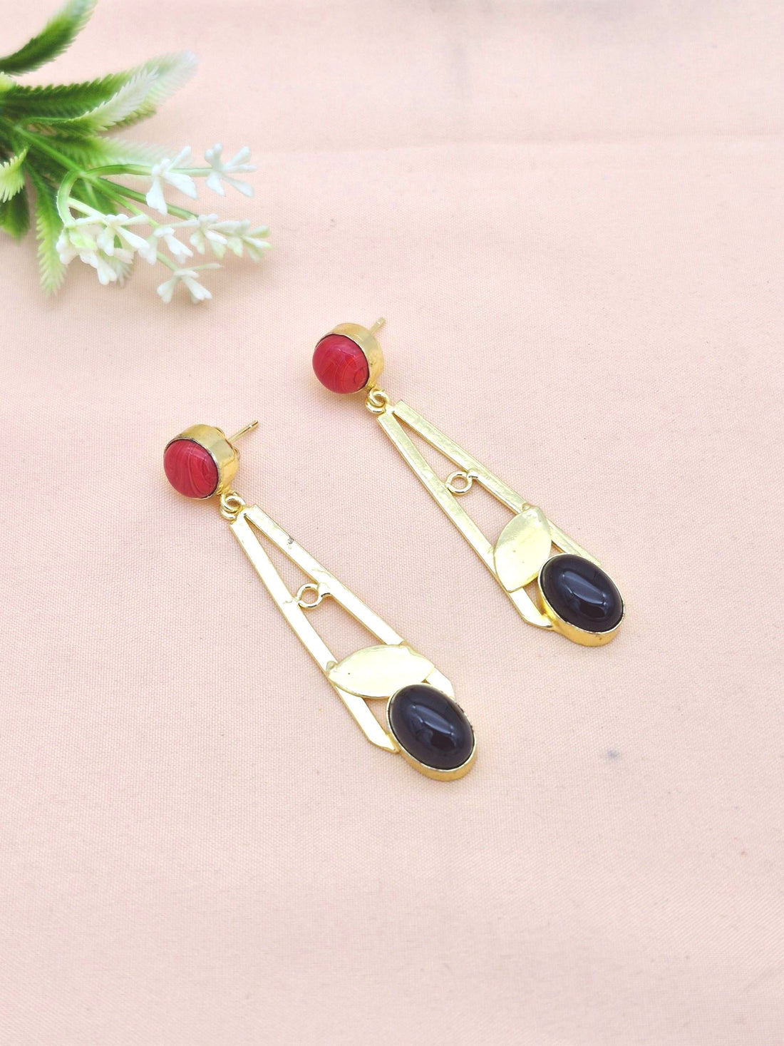 Handcrafted Gold Plated Dangle Earrings – Coral-Black Onyx Semi Precious Stone Light weight Jewelry