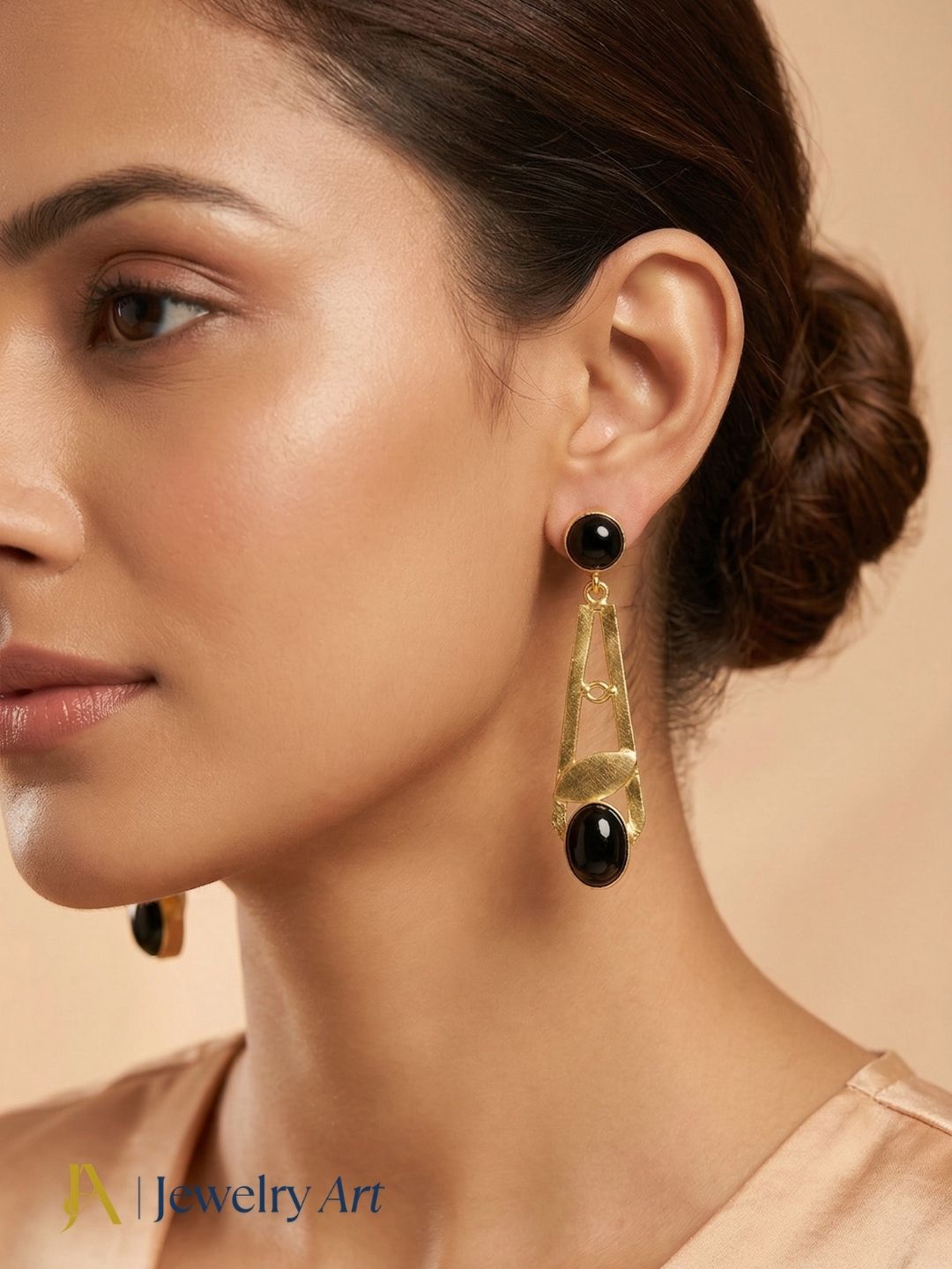 Stylish handcrafted black onyx earring in gold plating, light weight fashion jewelry accessory
