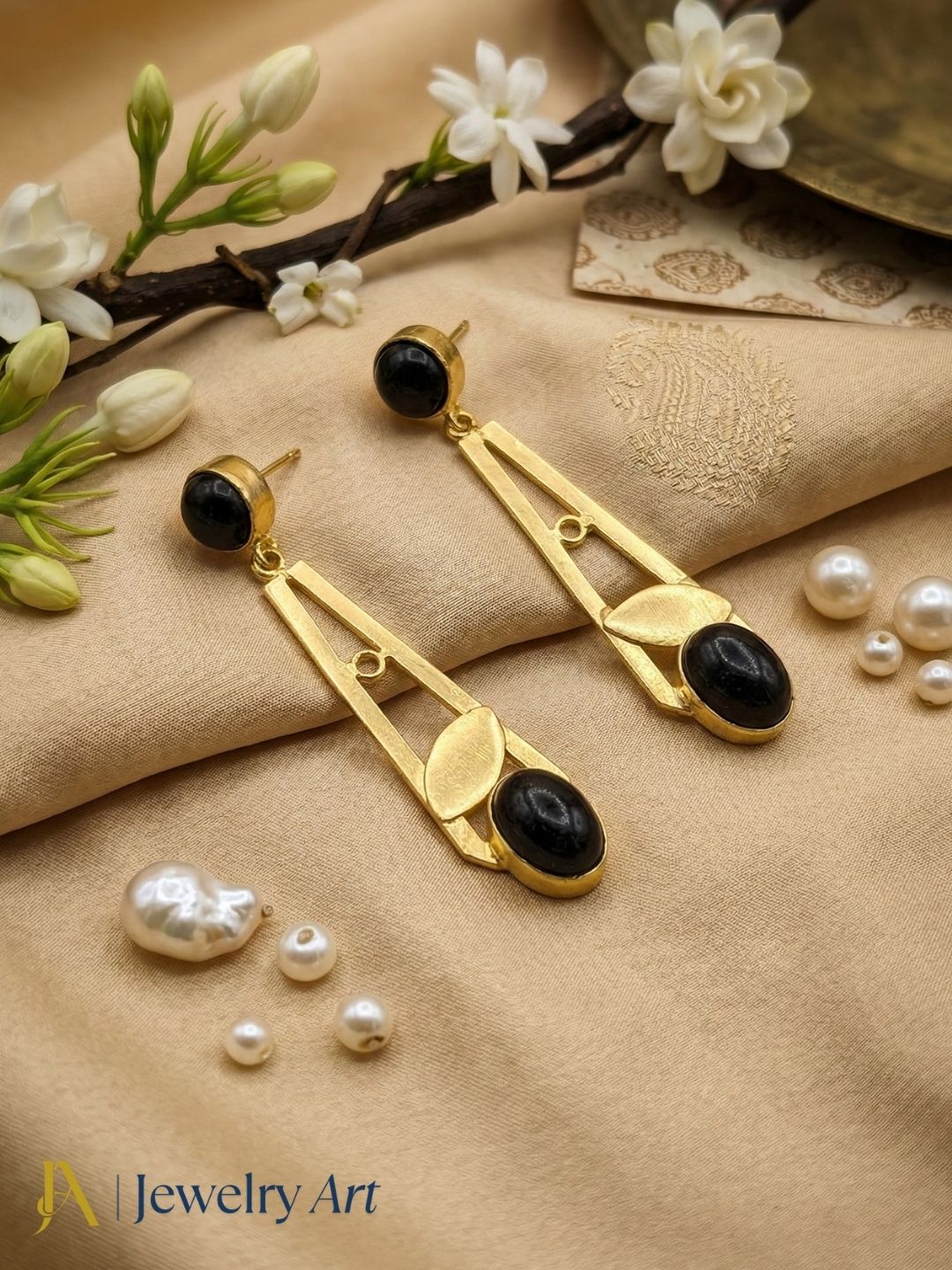 Handcrafted Gold Plated Dangle Earrings – Black Onyx Semi Precious Stone Light weight Jewelry