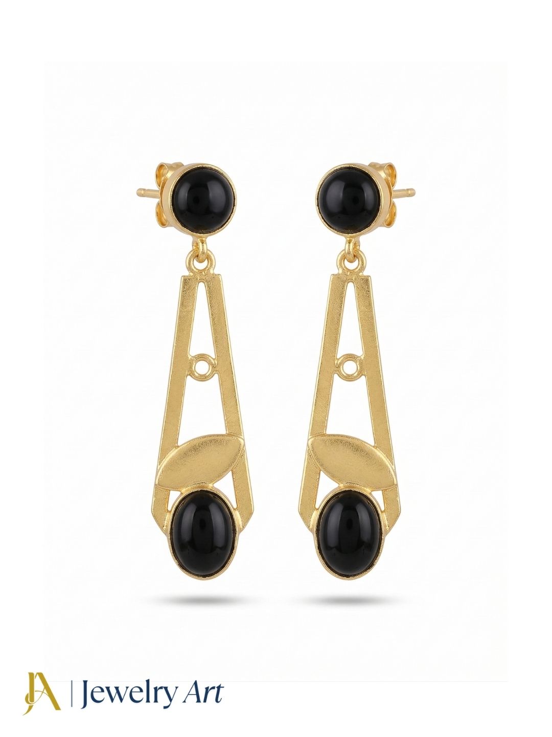 Handcrafted Gold Plated Dangle Earrings – Black Onyx Semi Precious Stone Light weight Jewelry