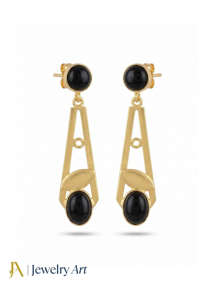 Handcrafted Gold Plated Dangle Earrings – Black Onyx Semi Precious Stone Light weight Jewelry