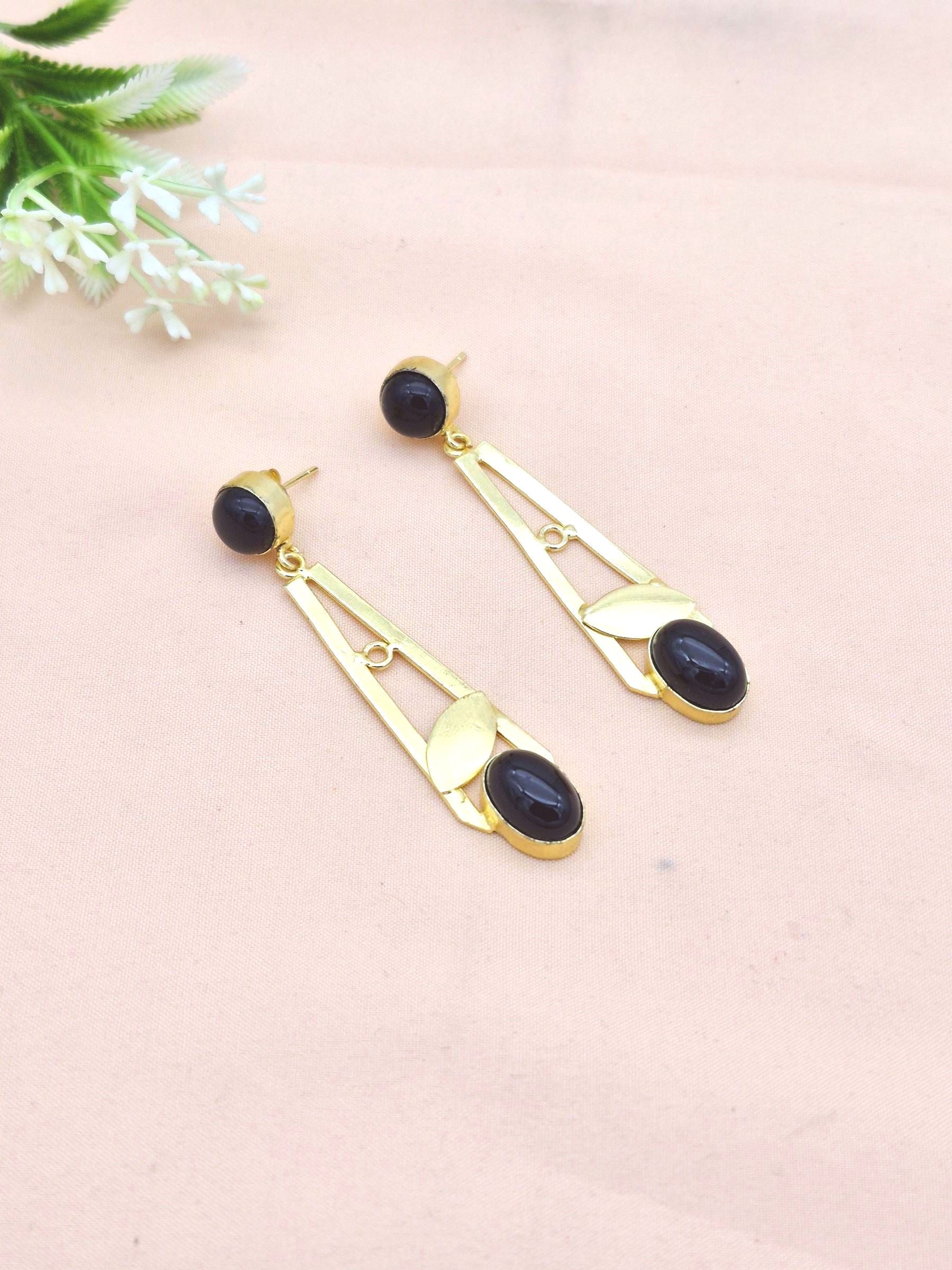 Handcrafted Gold Plated Dangle Earrings – Black Onyx Semi Precious Stone Light weight Jewelry