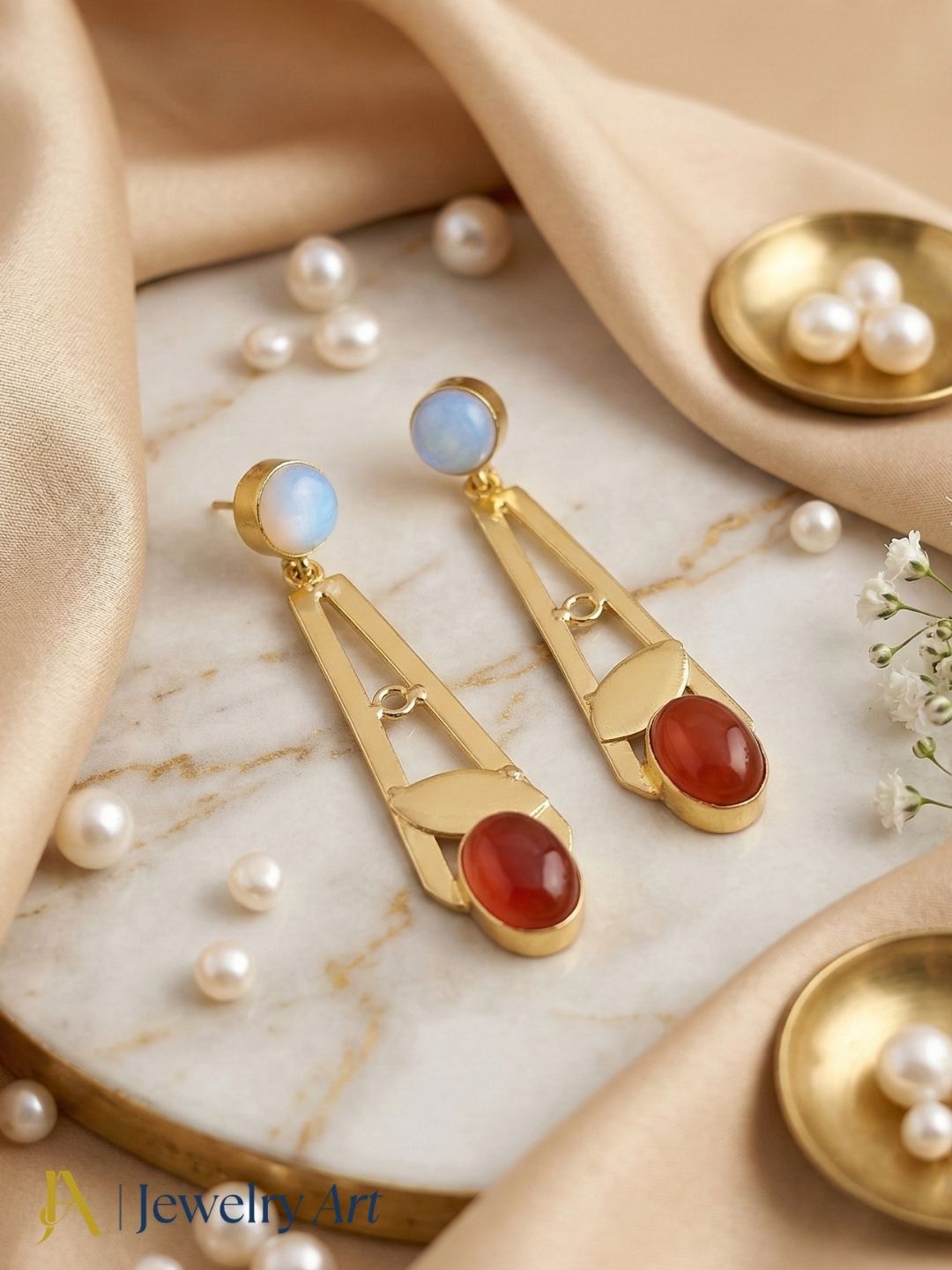 Handcrafted Gold Plated Dangle Earrings – Synthetic Pink Opal-Red Onyx Semi Precious Stone Light weight Jewelry