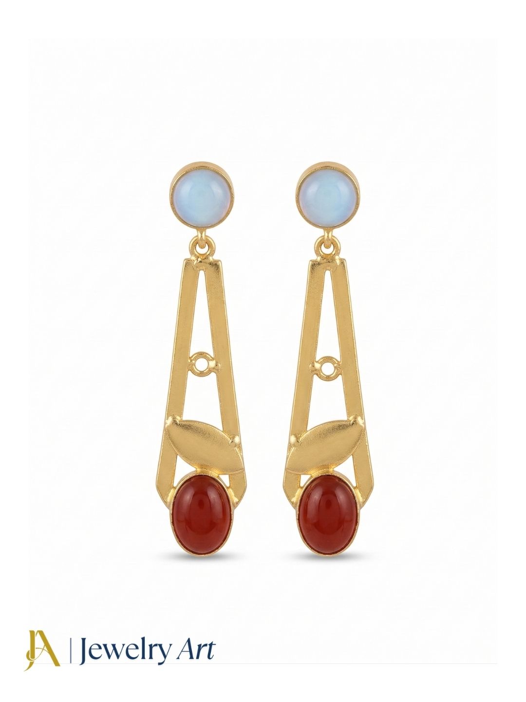 Handcrafted Gold Plated Dangle Earrings – Synthetic Pink Opal-Red Onyx Semi Precious Stone Light weight Jewelry