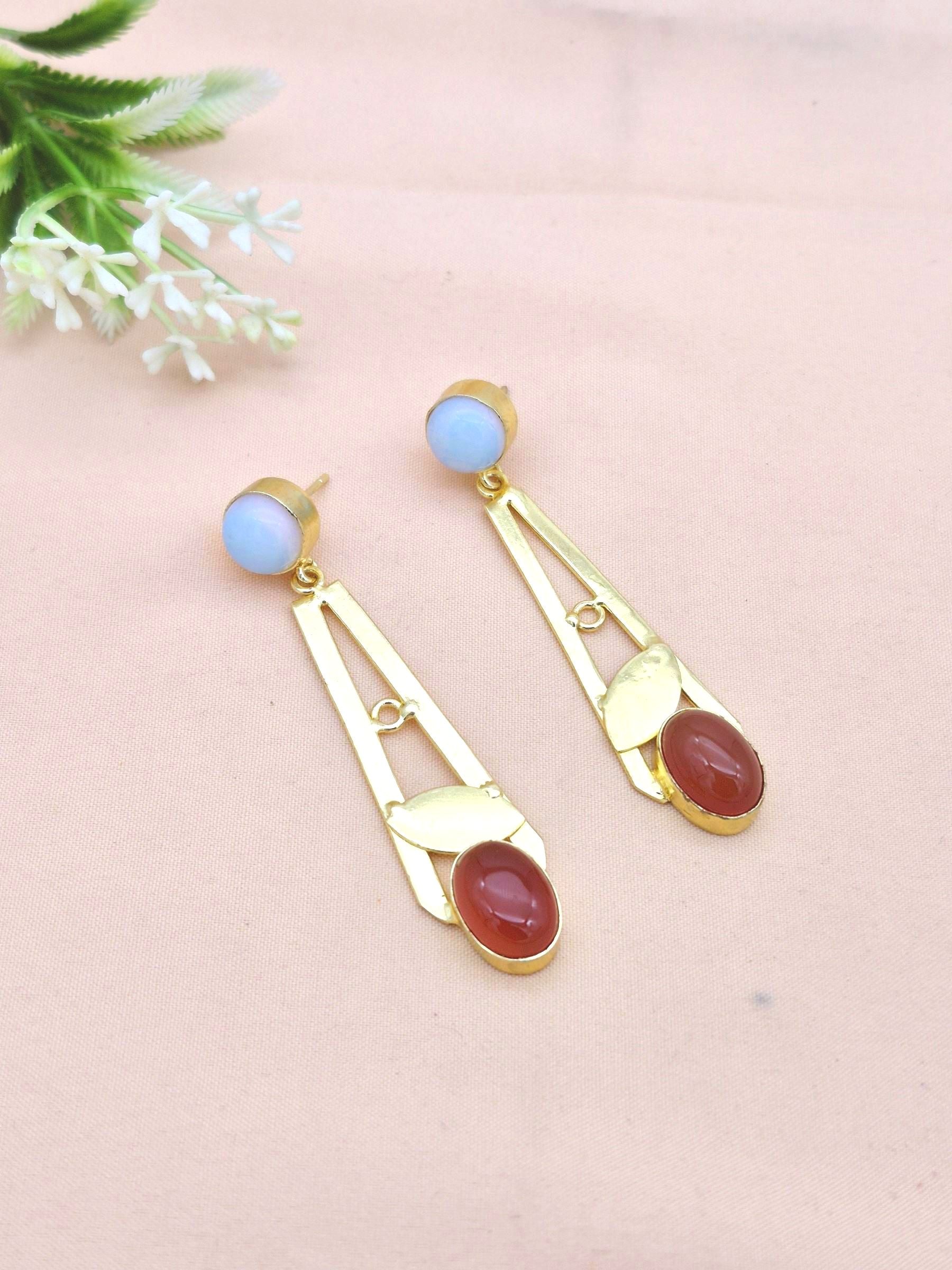 Handcrafted Gold Plated Dangle Earrings – Synthetic Pink Opal-Red Onyx Semi Precious Stone Light weight Jewelry