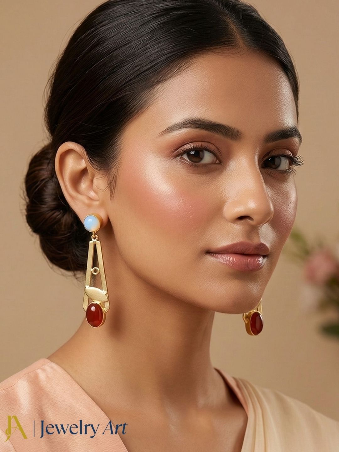Elegant handcrafted gold plated earrings with synthetic pink opal and red onyx, light weight dangle jewelry
