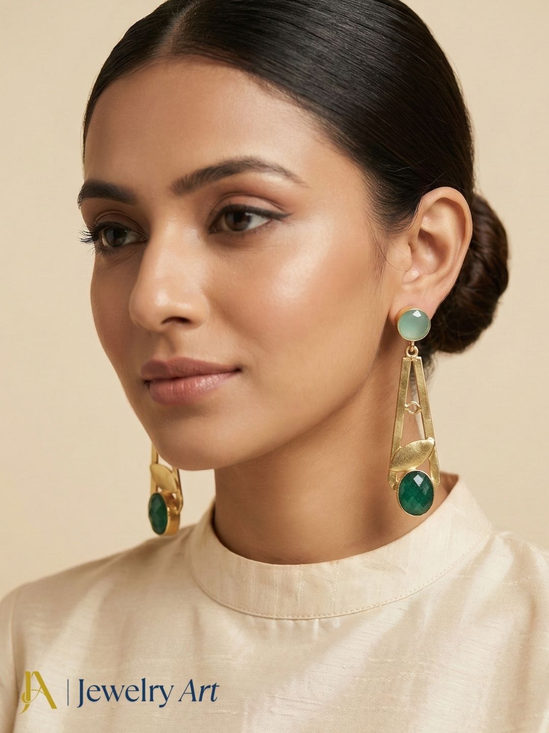 Stylish handcrafted green Hathipara -Chalcedony earrings in gold plating, light weight fashion jewelry accessory
