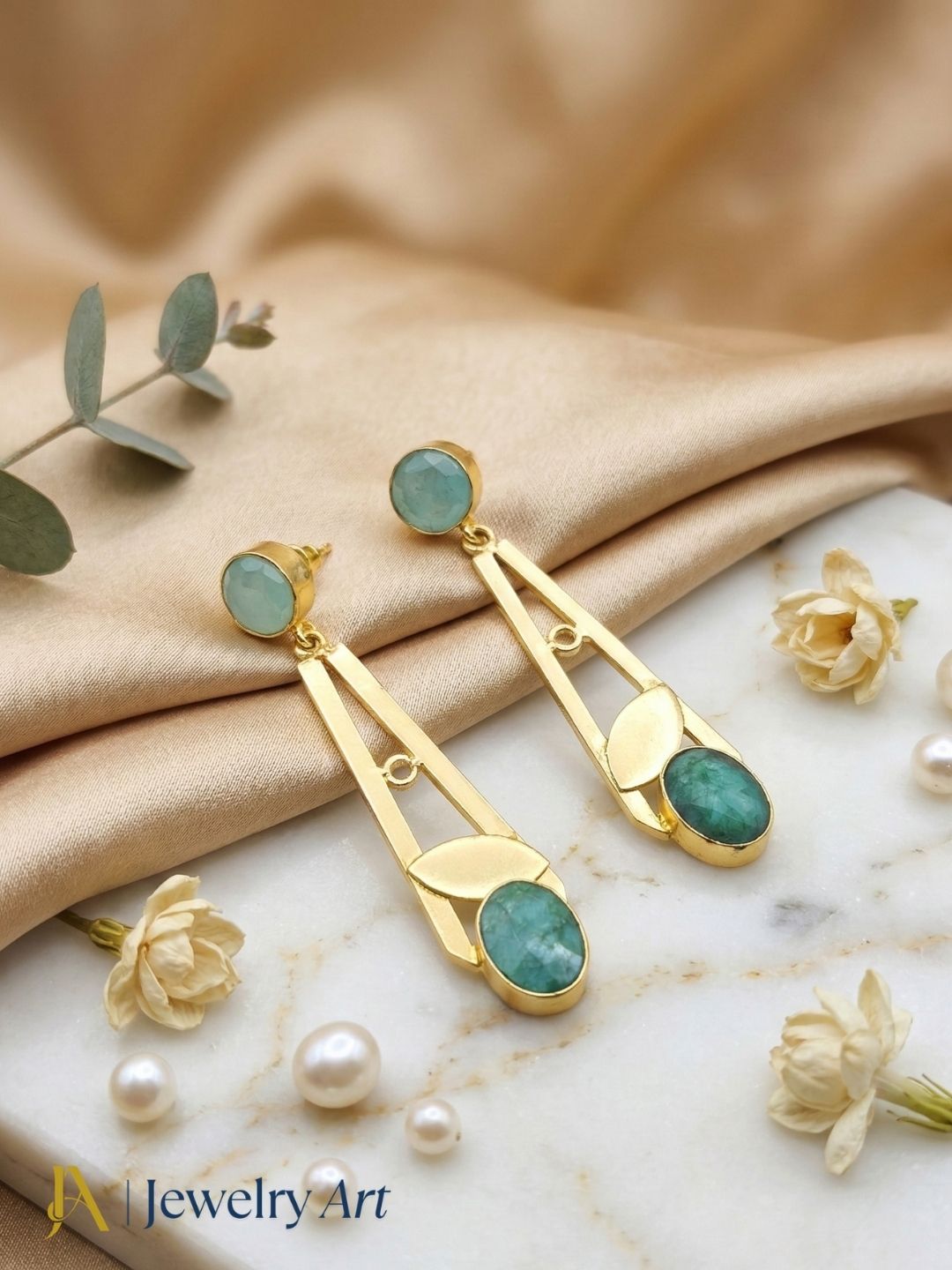Elegant Gold Plated Drop Earrings featuring Green Hathipara Chalcedony Semi Precious Stone in a Handcrafted lightr weight design
