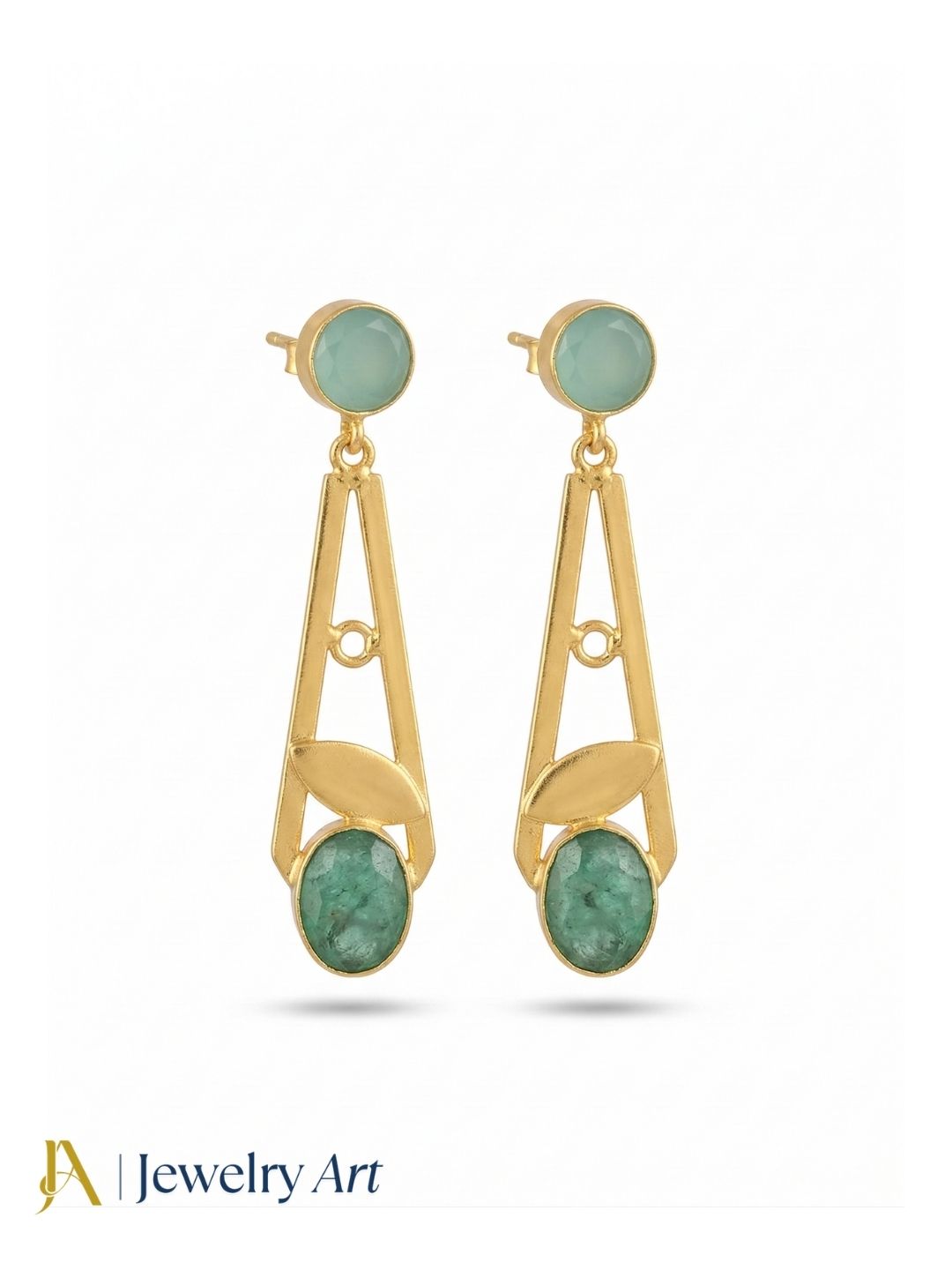 Elegant Gold Plated Drop Earrings featuring Green Hathipara Chalcedony Semi Precious Stone in a Handcrafted lightr weight design
