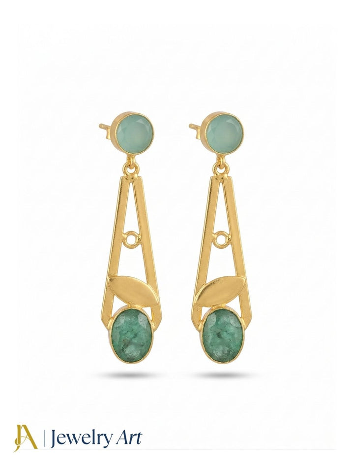 Elegant Gold Plated Drop Earrings featuring Green Hathipara Chalcedony Semi Precious Stone in a Handcrafted lightr weight design
