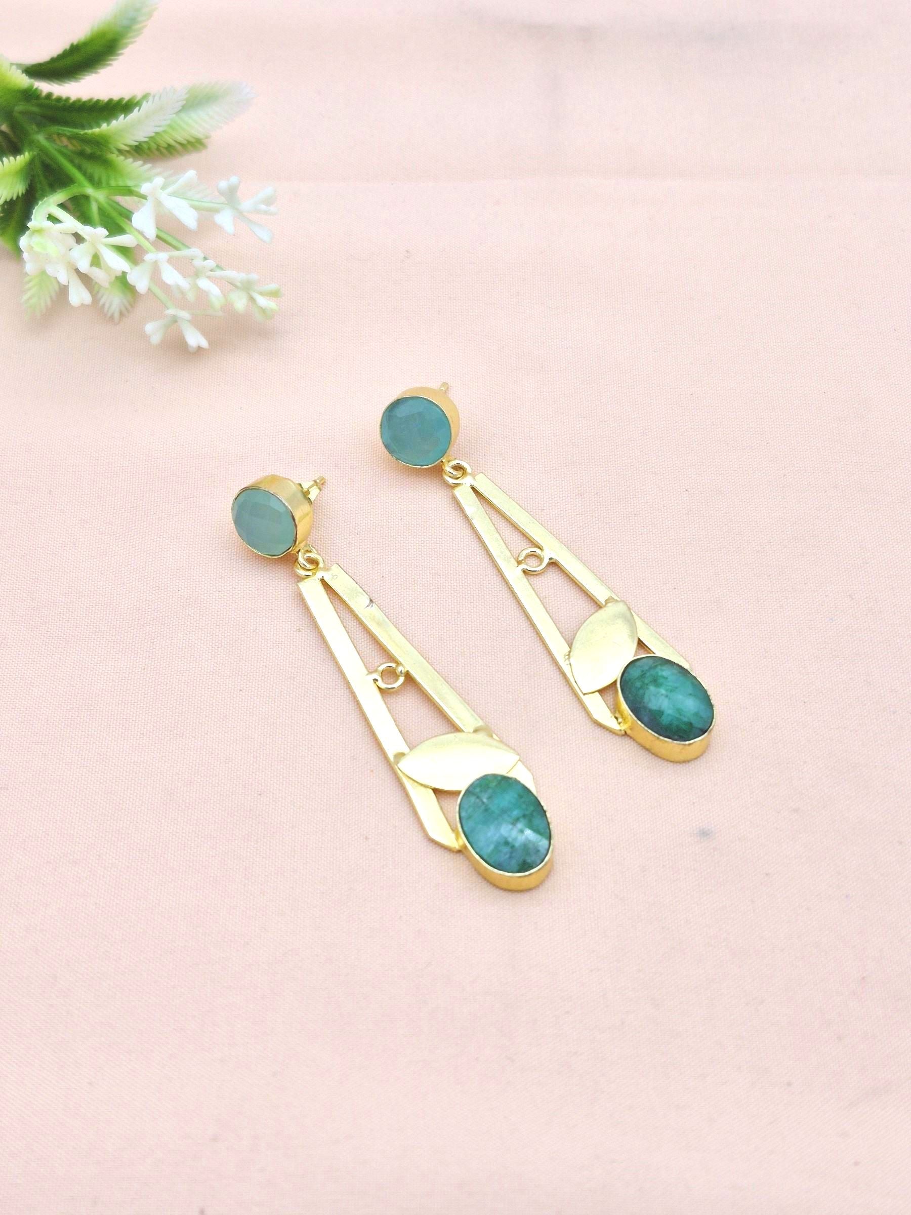 Elegant Gold Plated Drop Earrings featuring Green Hathipara Chalcedony Semi Precious Stone in a Handcrafted lightr weight design
