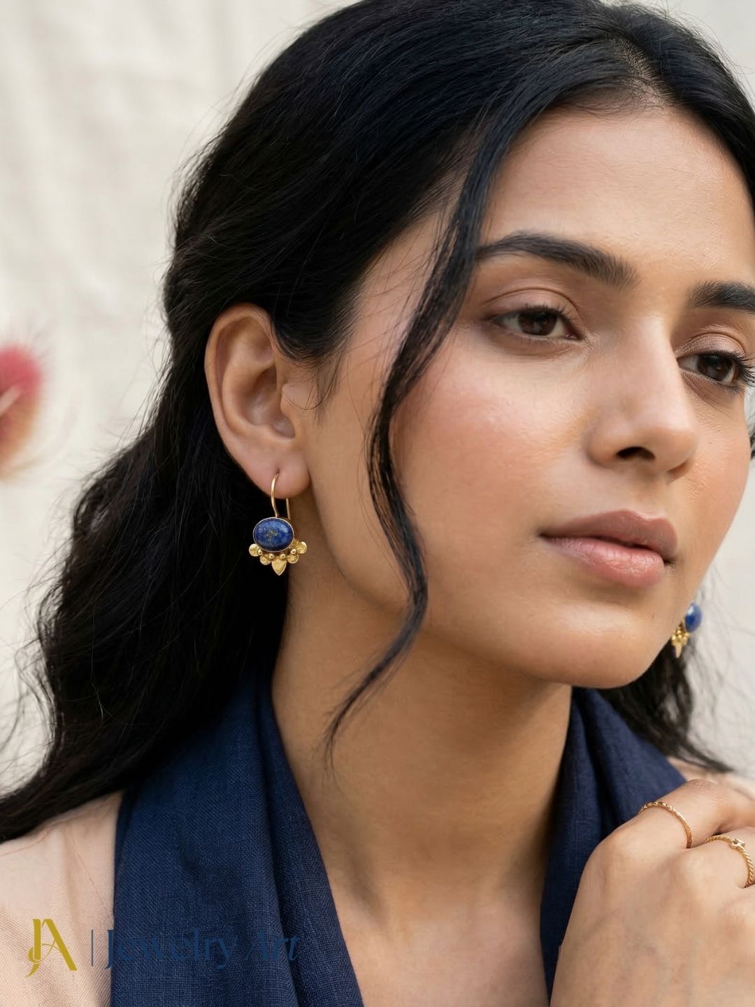 Gold plated daily wear earrings with deep blue lapis lazuli stone statement design
