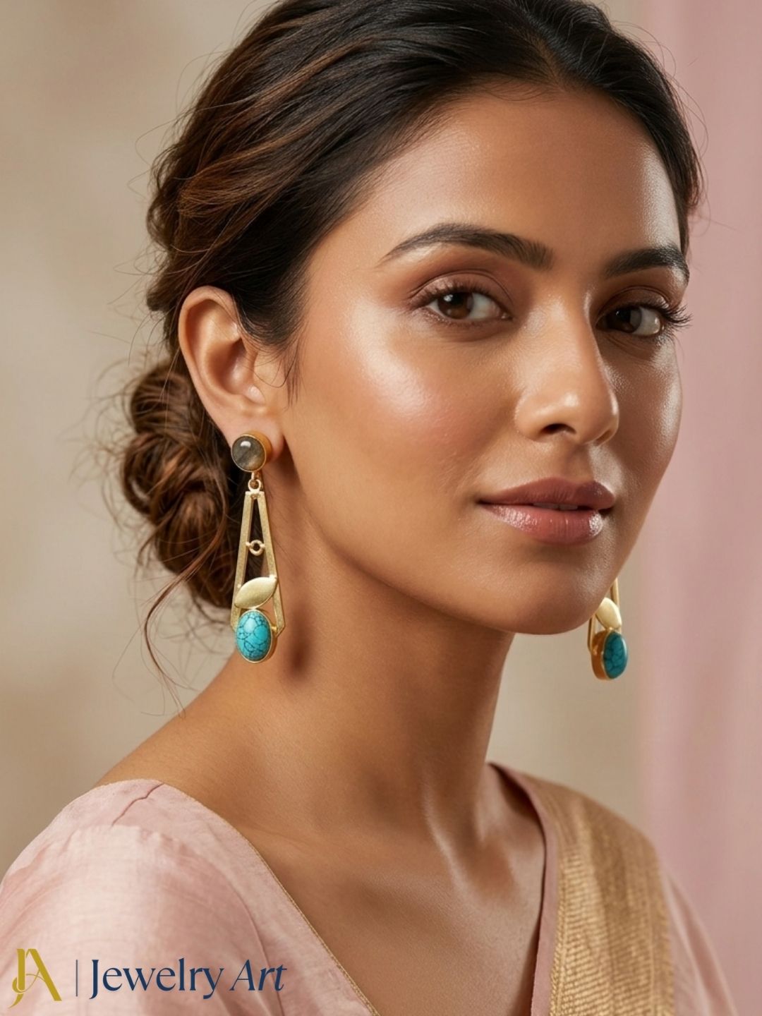 Trendy handmade labradorite and turquoise dangle Earrings, gold plated light weight jewelry for women
