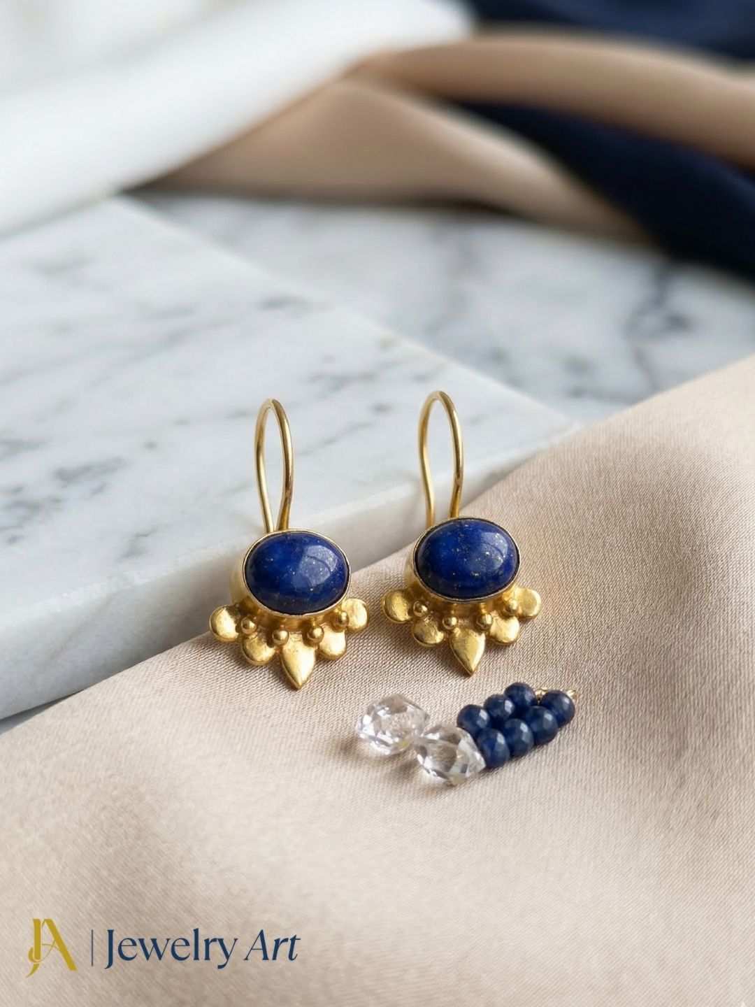 Gold plated daily wear earrings with deep blue lapis lazuli stone statement design

