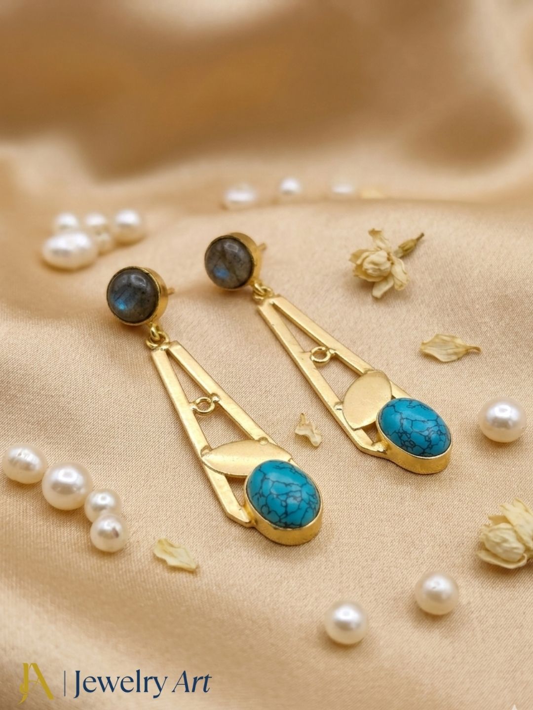 Handcrafted Gold Plated Dangle Earrings – Labradorite-Turquoise Semi Precious Stone Light weight Jewelry