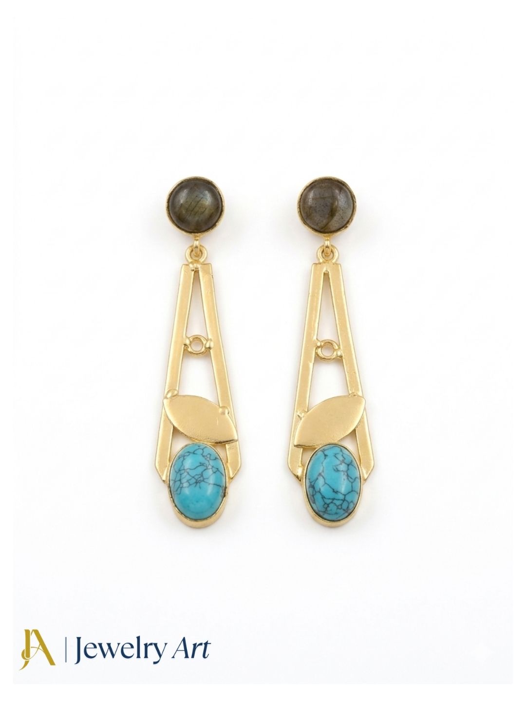 Unique handcrafted gold plated earrings with semi-precious stone, classy dangle jewelry for women
