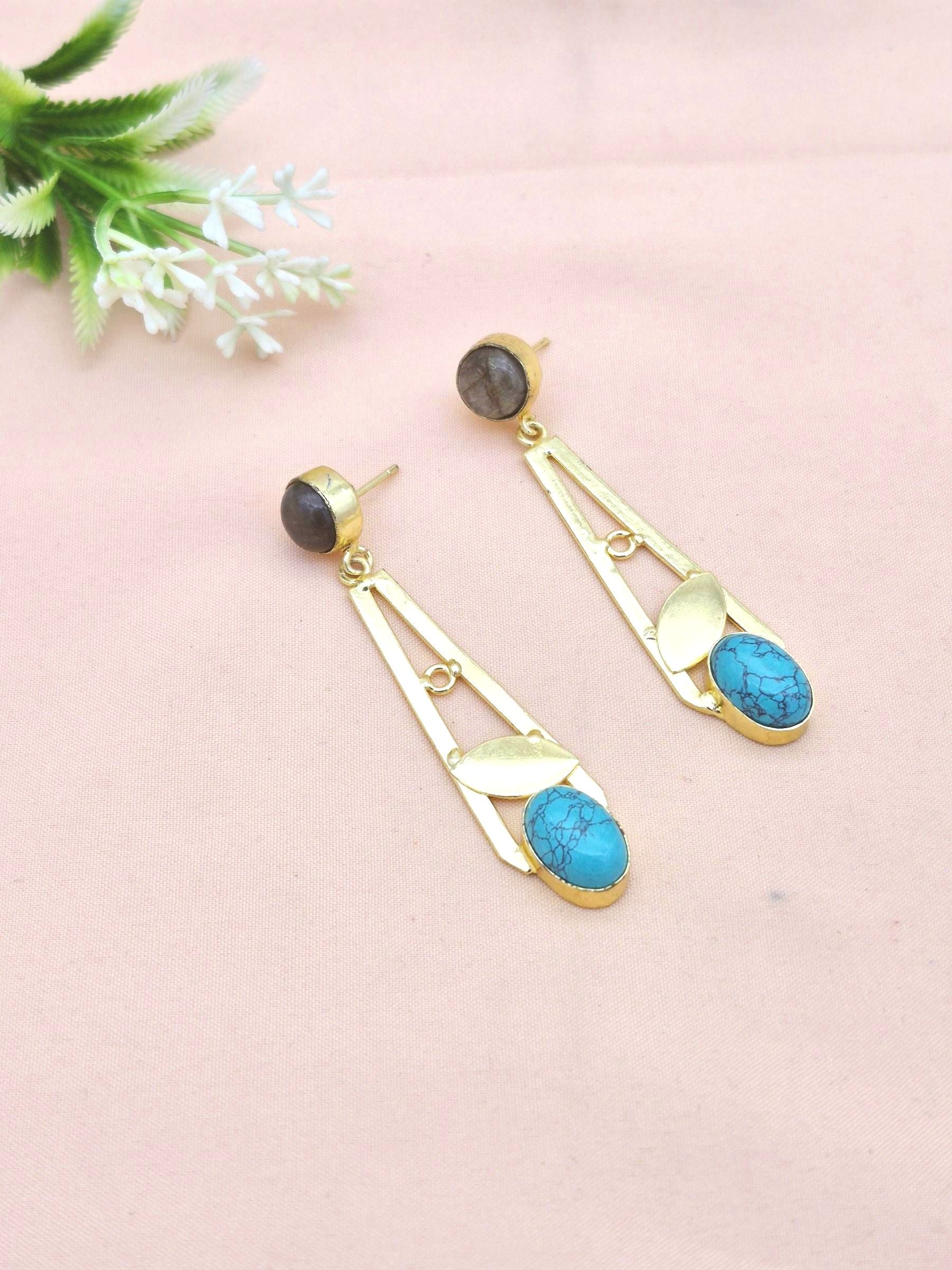 Handcrafted Gold Plated Dangle Earrings – Labradorite-Turquoise Semi Precious Stone Light weight Jewelry