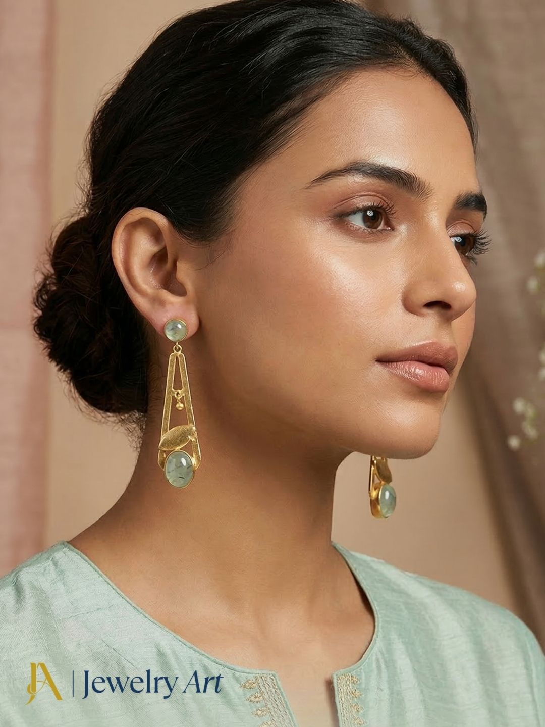 Handcrafted Gold Plated Dangle Earrings – Prehnite Semi Precious Stone Light weight Jewelry