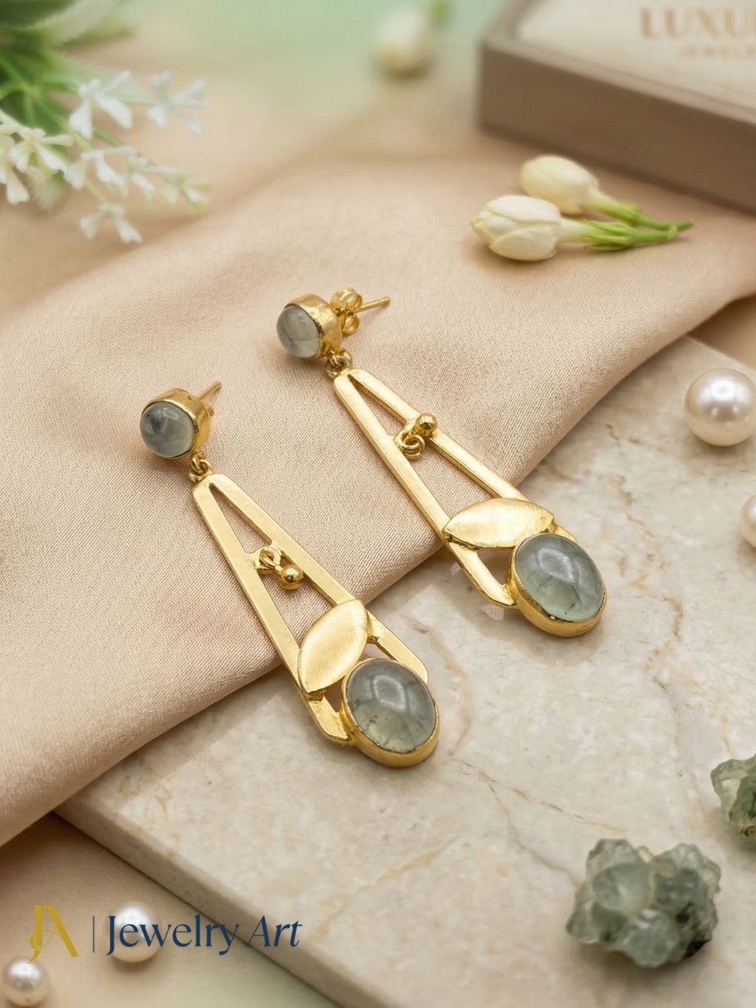 Handcrafted  gold plated dangle earrings with prehnite semi precious stone, light weight elegant jewelry for women
