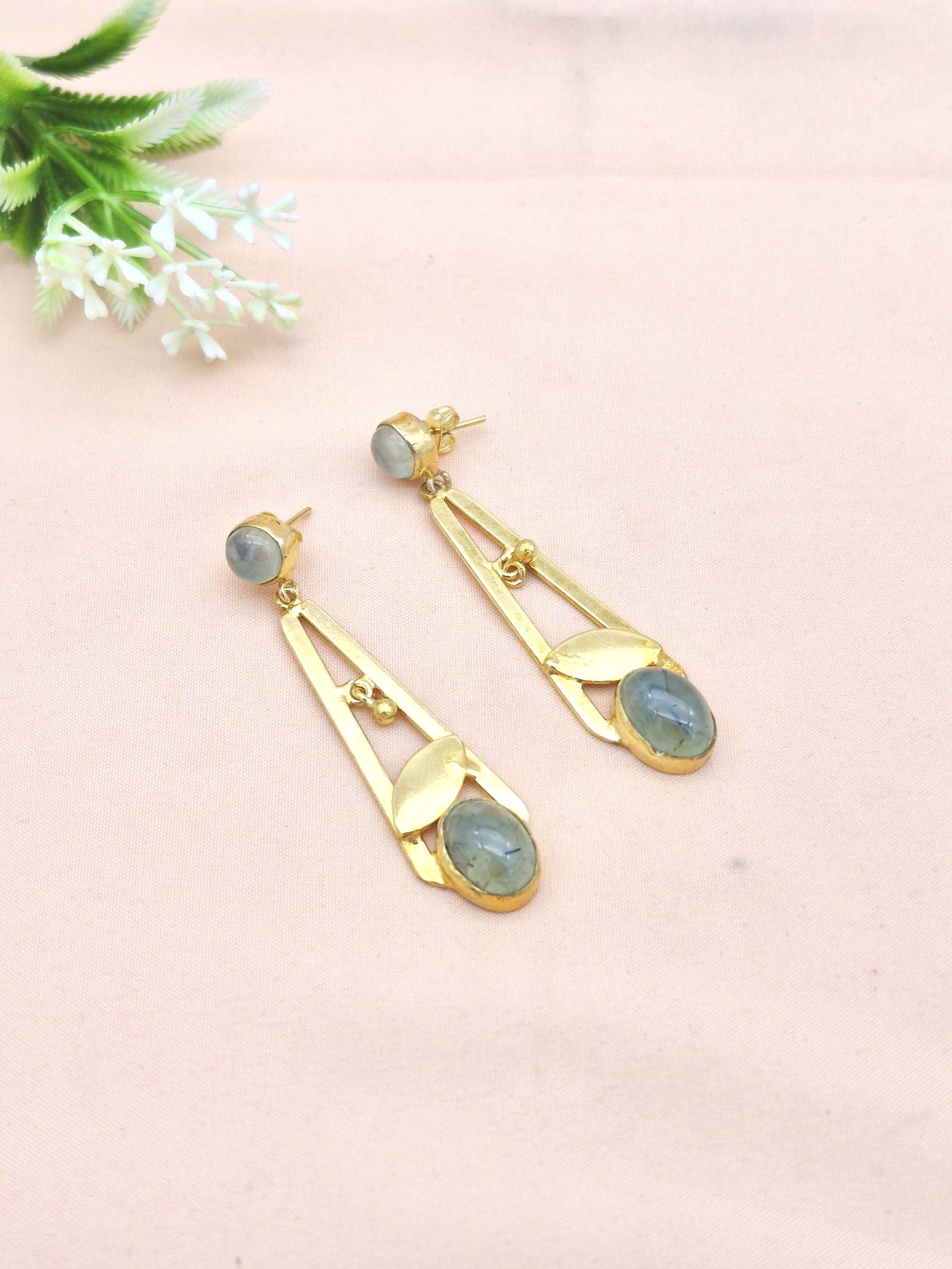 Handcrafted Gold Plated Dangle Earrings – Prehnite Semi Precious Stone Light weight Jewelry