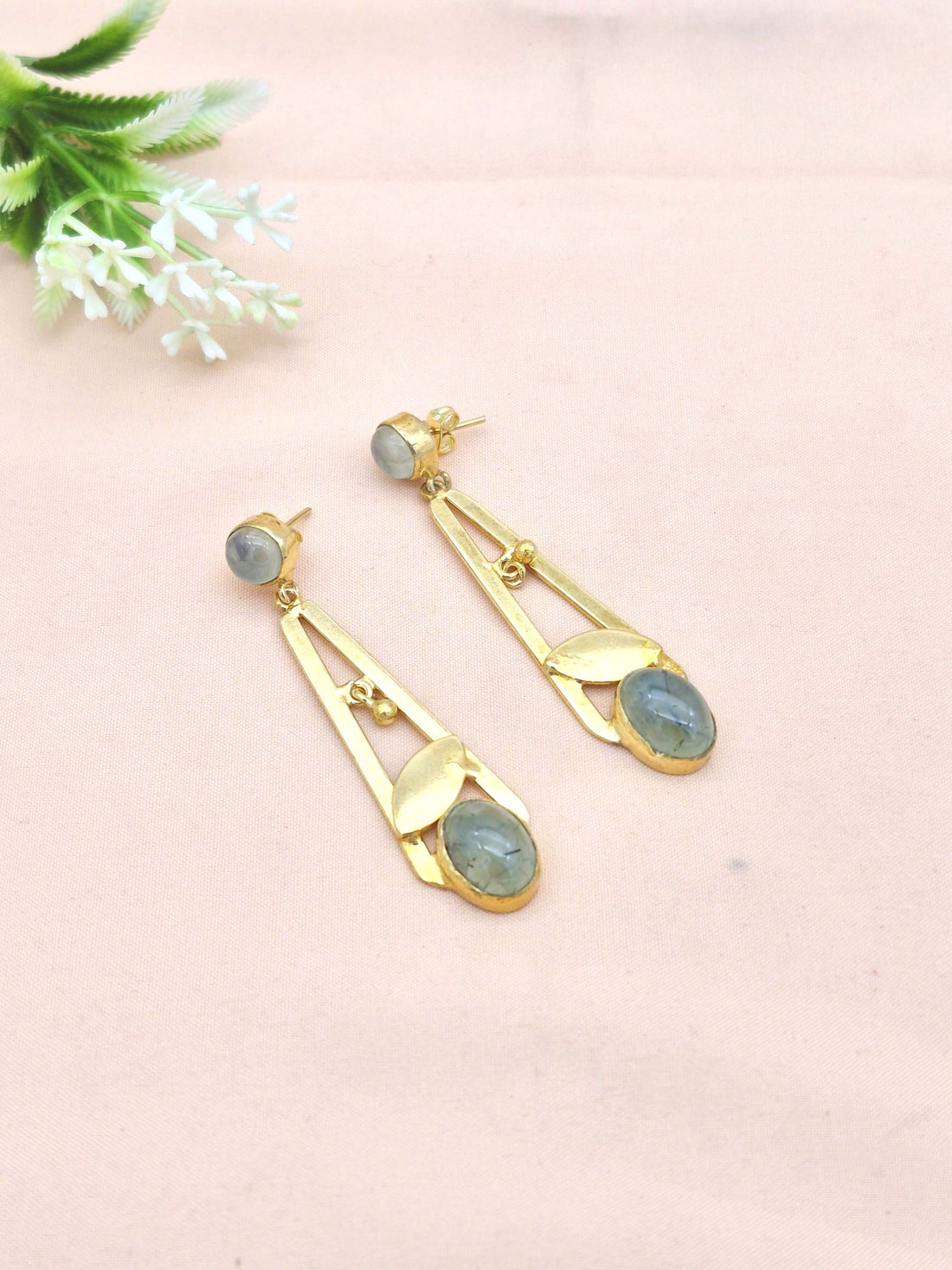 Handcrafted Gold Plated Dangle Earrings – Prehnite Semi Precious Stone Light weight Jewelry