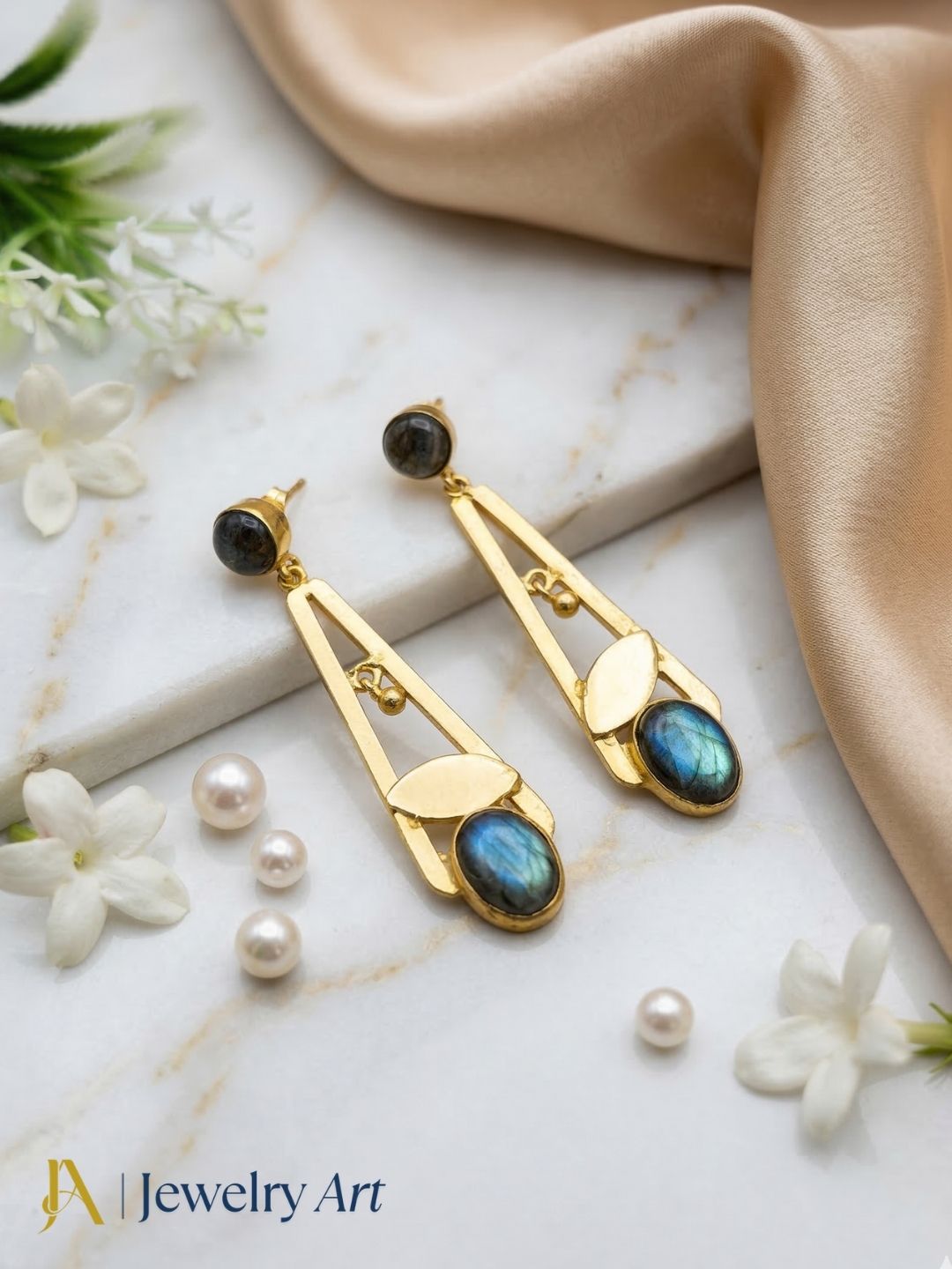 Handcrafted Gold Plated Dangle Earrings – Labradorite Semi Precious Stone Light weight Jewelry