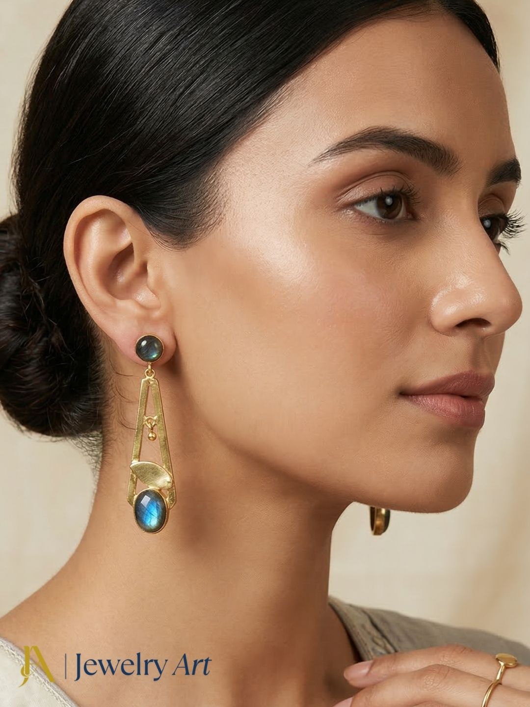 Natural labradorite dangle earrings, handcrafted gold plated light weight jewelry for everyday wear

