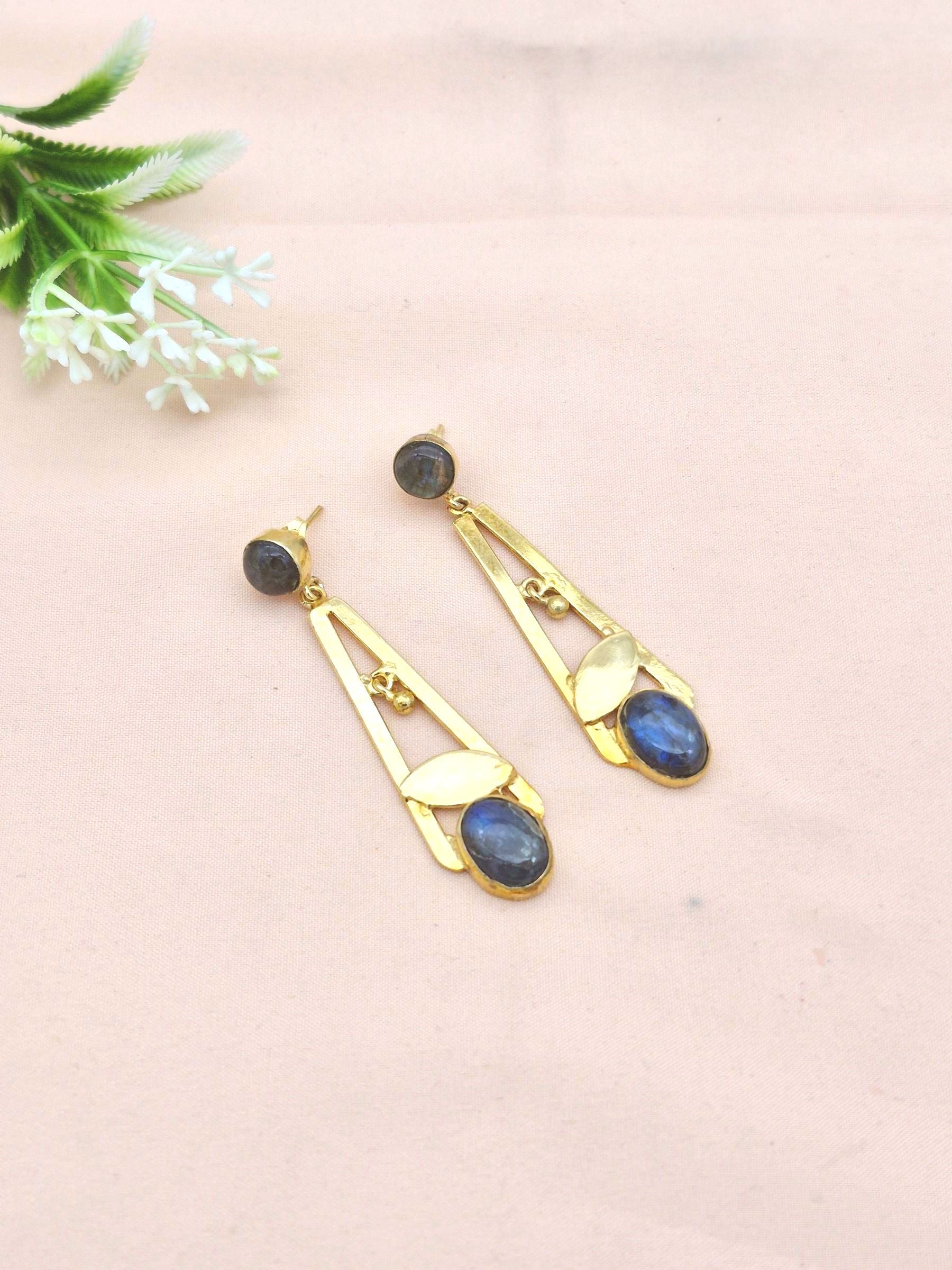 Handcrafted Gold Plated Dangle Earrings – Labradorite Semi Precious Stone Light weight Jewelry